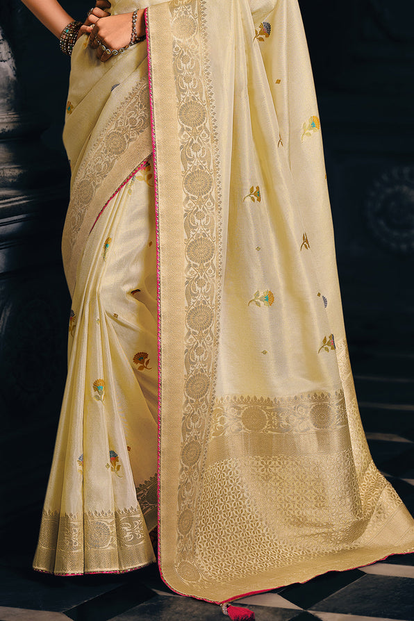 Akaroa Cream Zari Woven Banarasi Saree