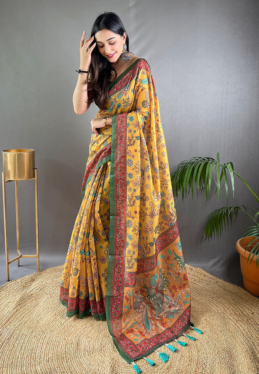 Tussock Yellow Cotton Kalamkari Printed Saree