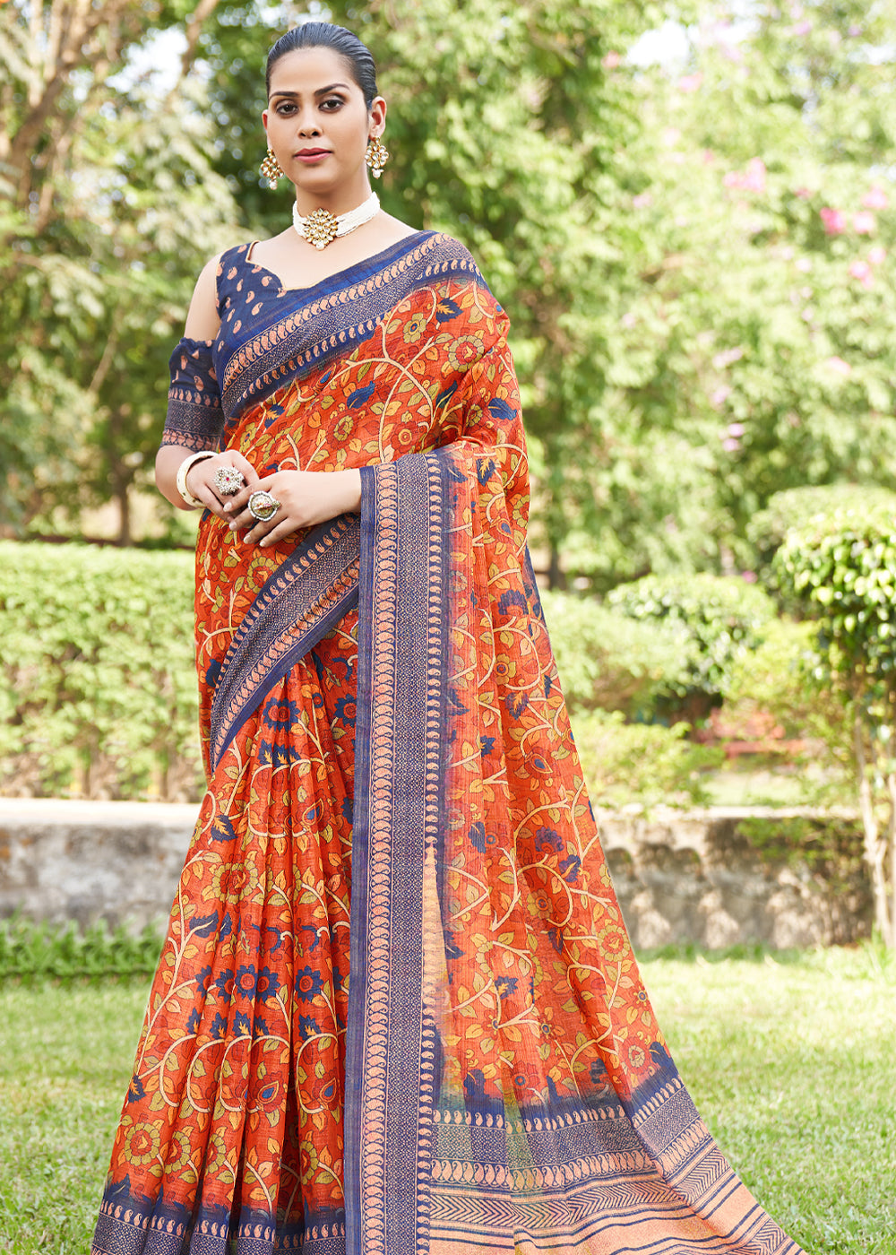 Jasper Orange Linen Kalamkari Digital Print Saree