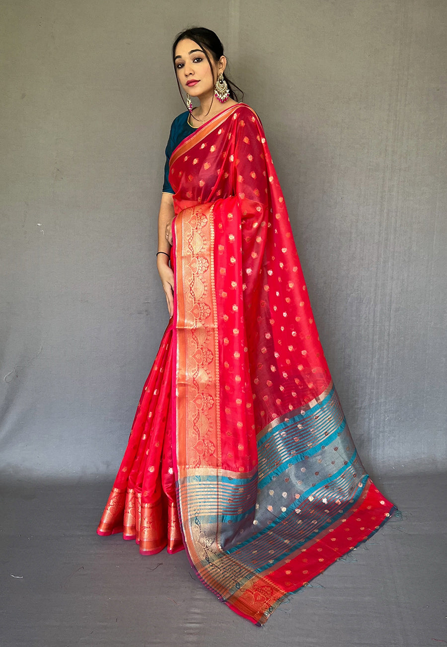 Shiraz Red Zari Woven Organza Silk Saree