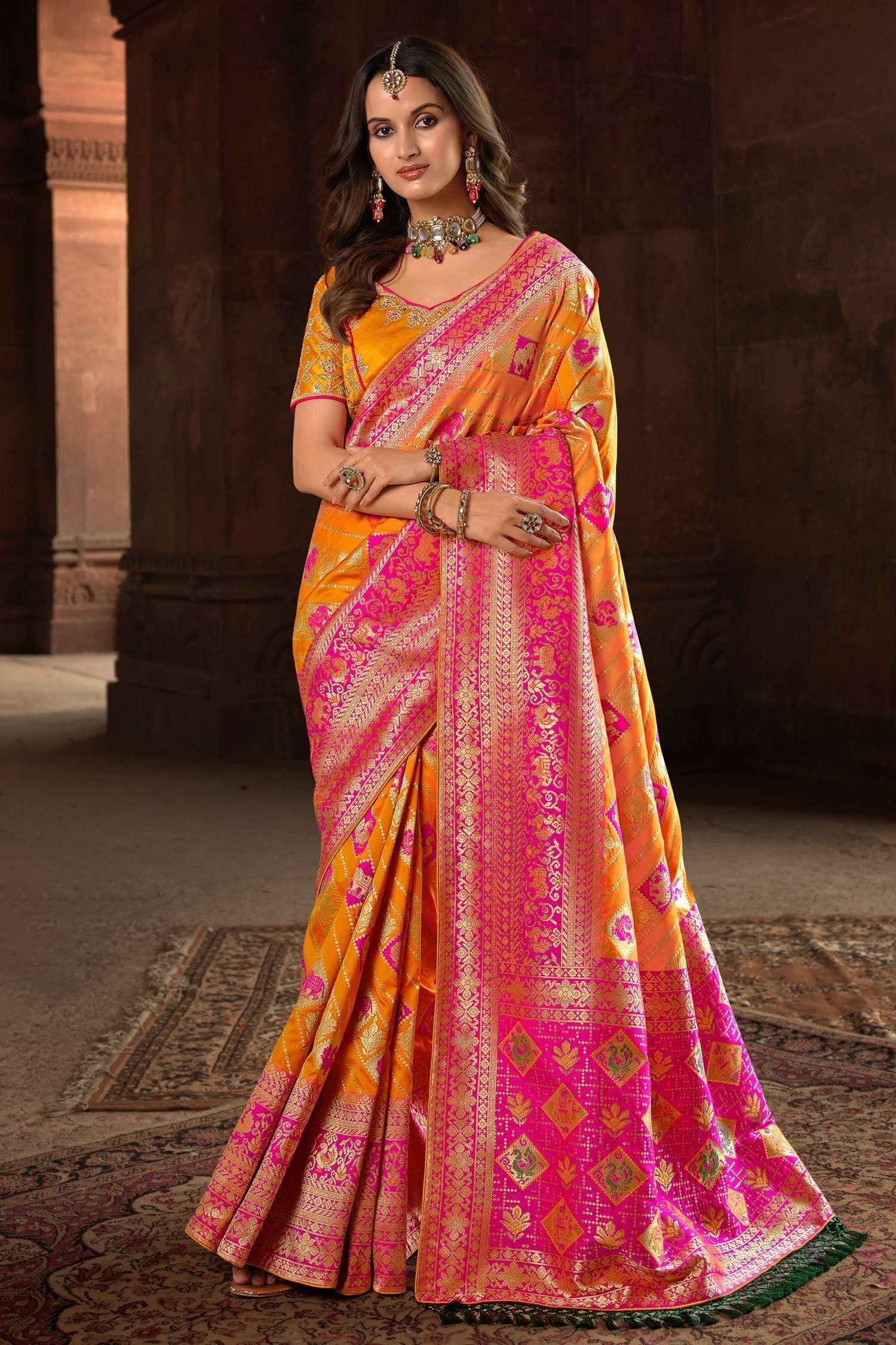 Fuel Yellow Designer Banarasi Woven Silk Saree