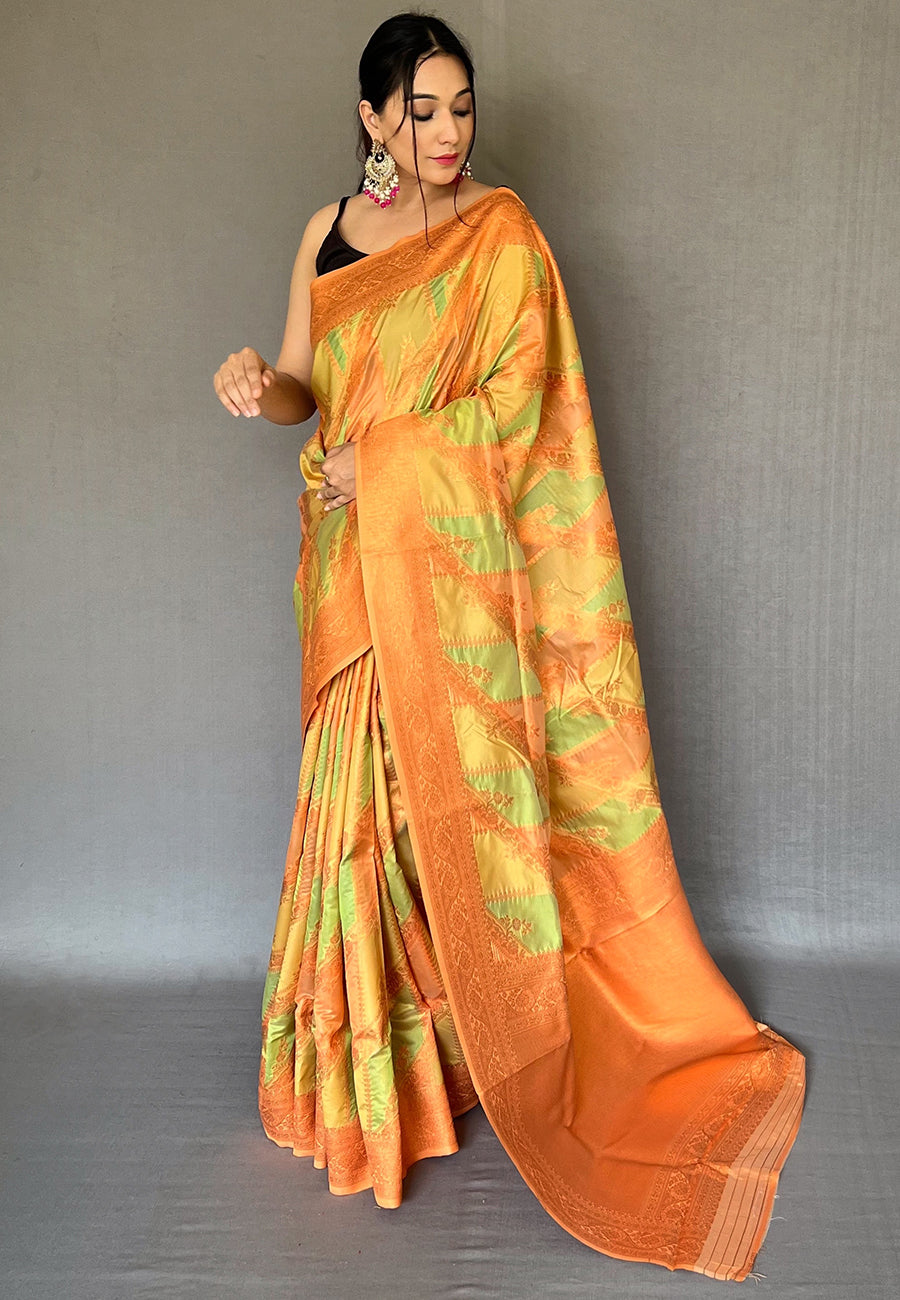 Tacha Green and Yellow Copper Zari Woven Organza Saree