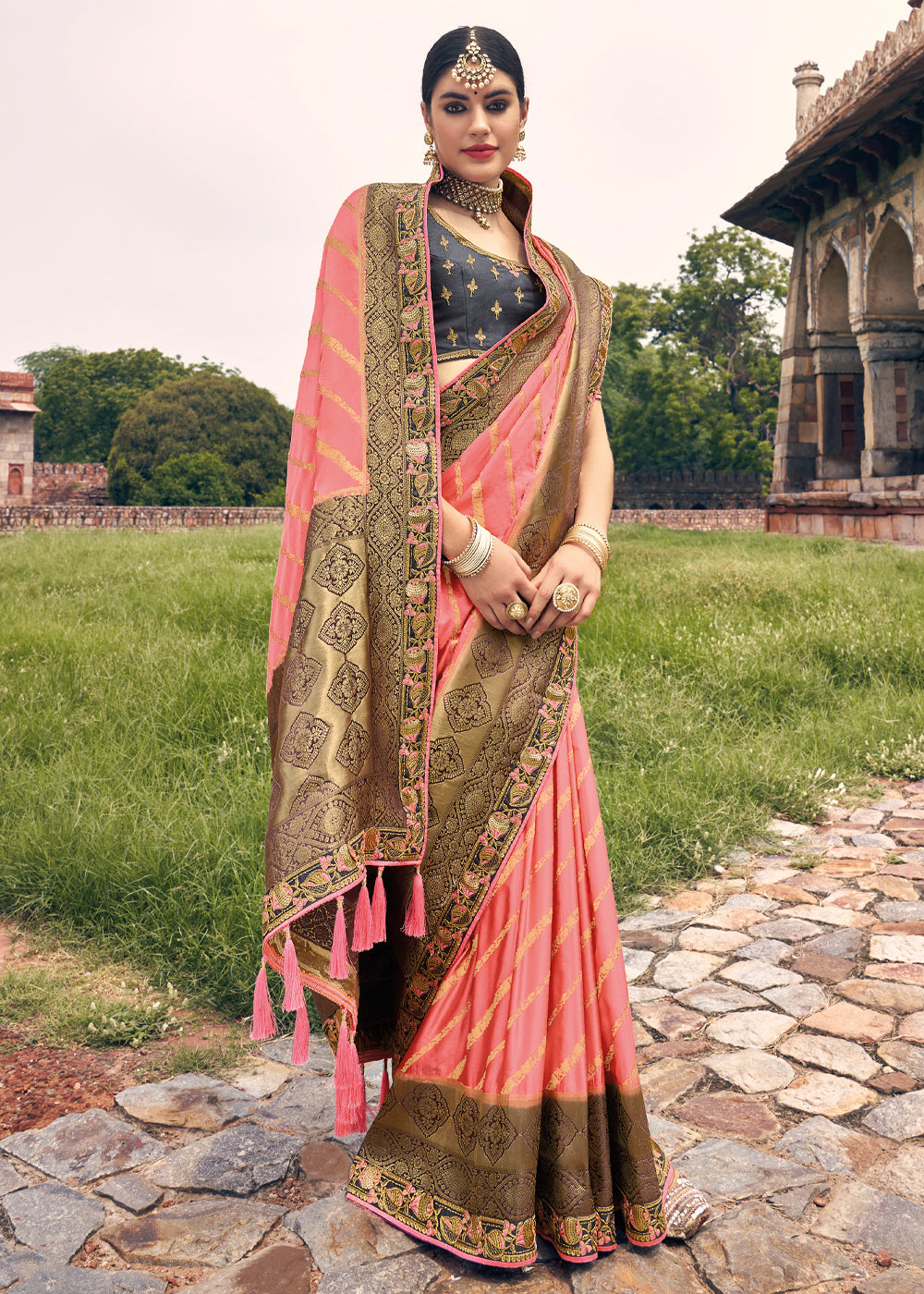 Apricot Pink and Blue Zari Woven Designer Banarasi Saree