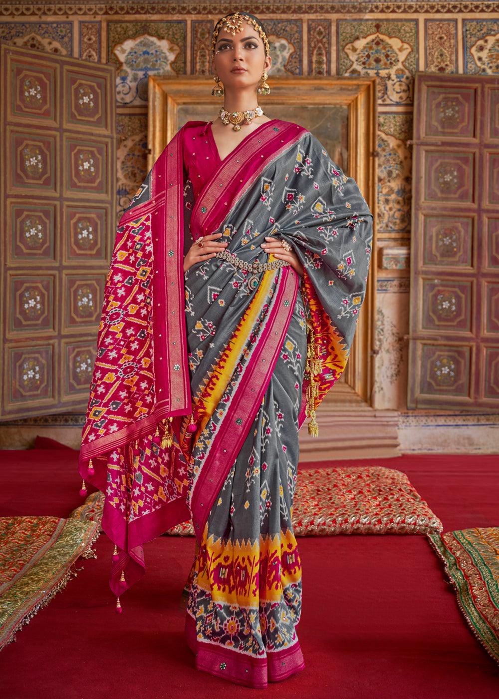 Nevada Grey and Pink Woven Patola Silk Saree