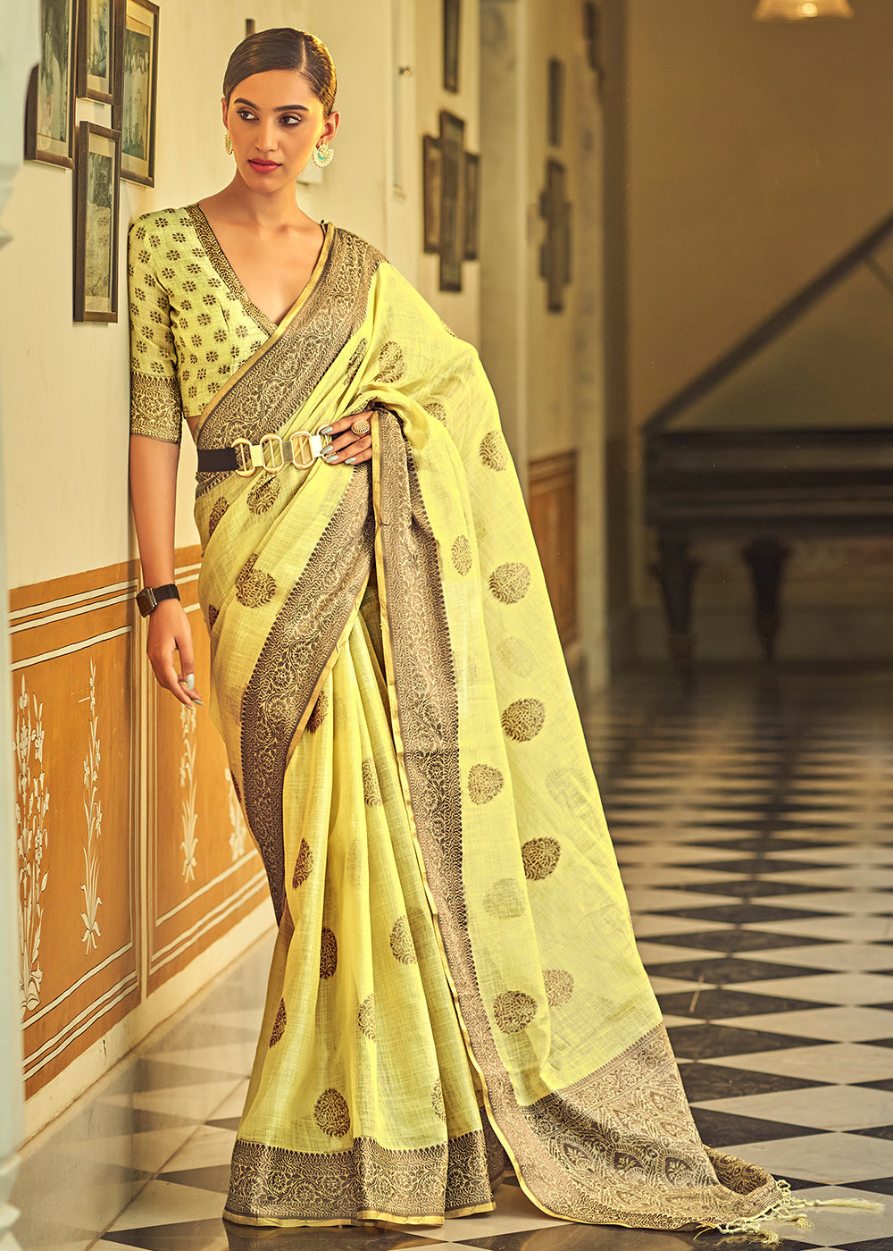 Sweet Corn Yellow Linen Silk Saree