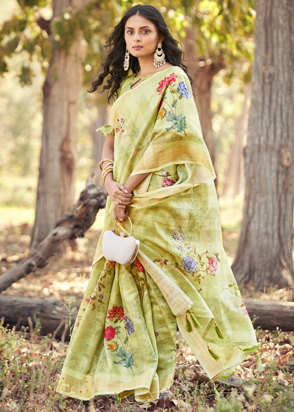 Gimblet Green Floral Printed Cotton Silk Saree