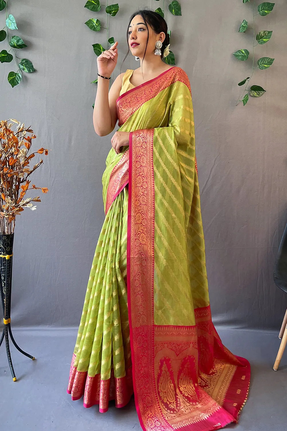 Tacha Green Zari Woven Organza Saree