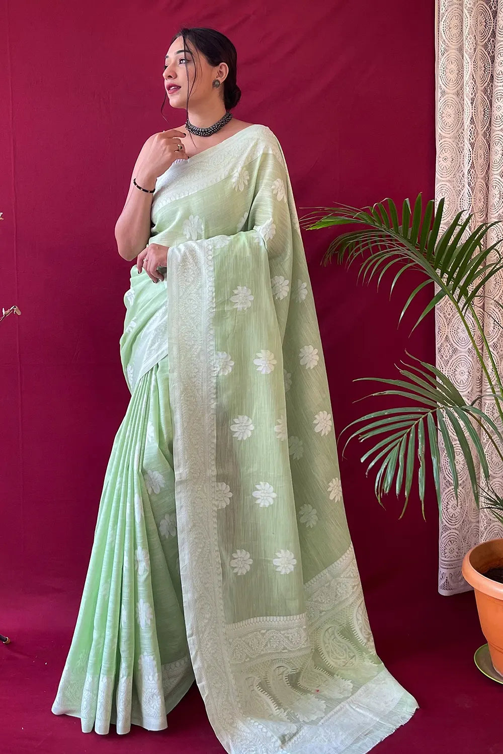 Sage Green Lucknowi Woven Linen Saree