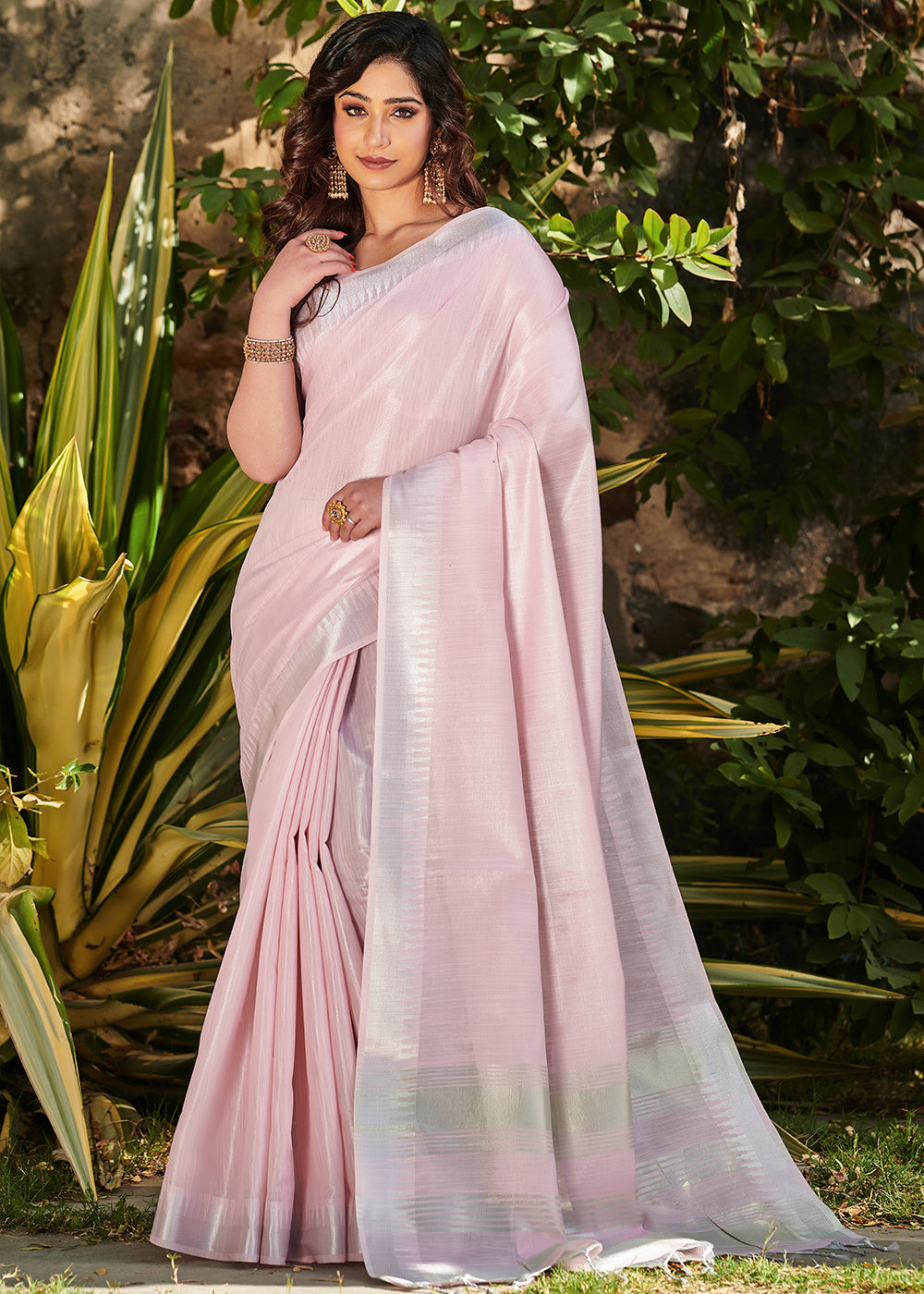 Oyster Pink Zari Woven Tissue Linen Saree