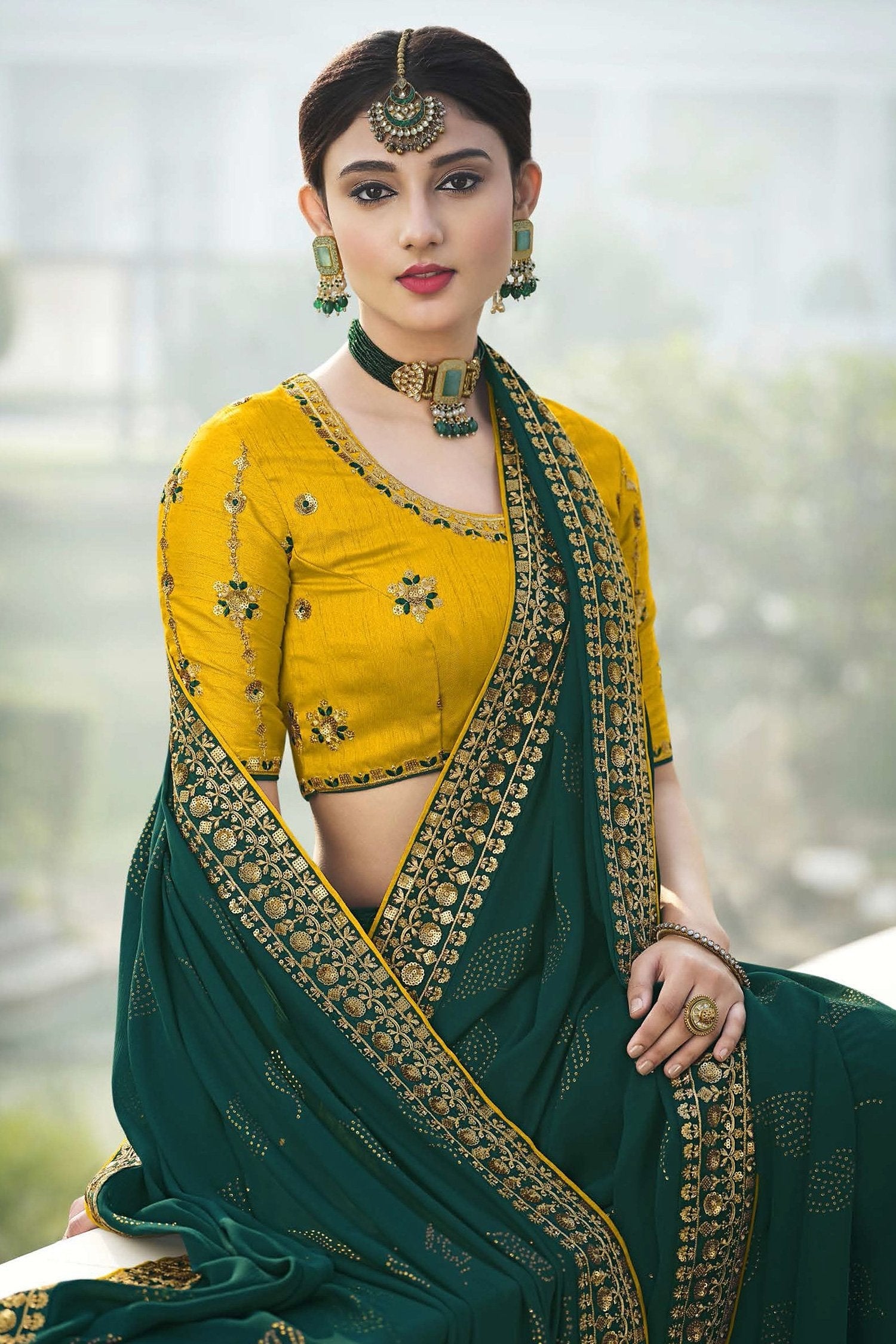 Gable Green and Yellow Chiffon Stone Work Saree