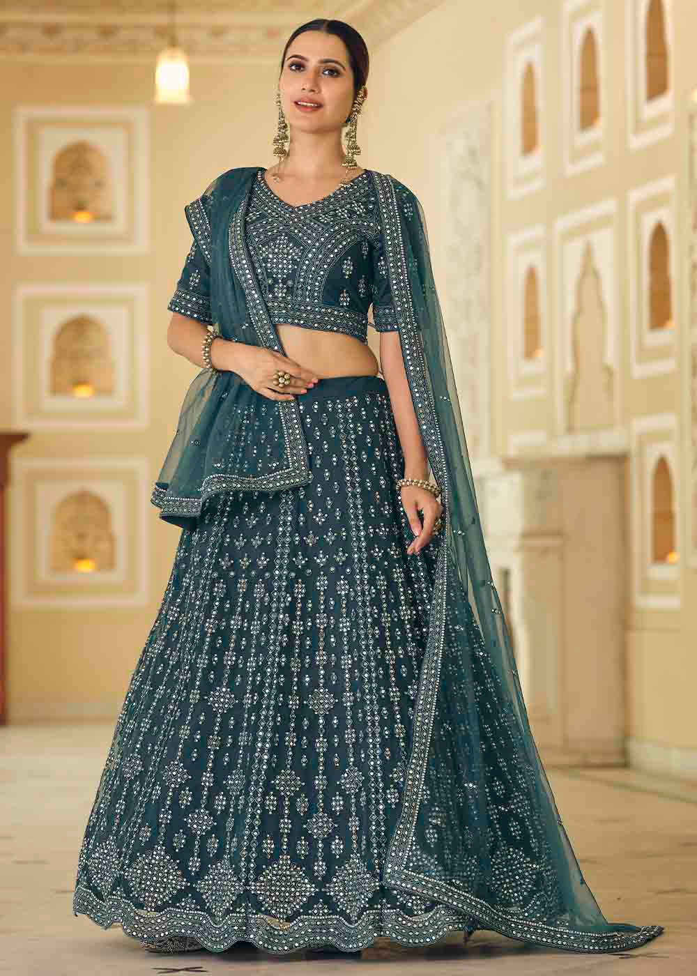 Limed Spruce Blue Soft Net Lehenga Choli