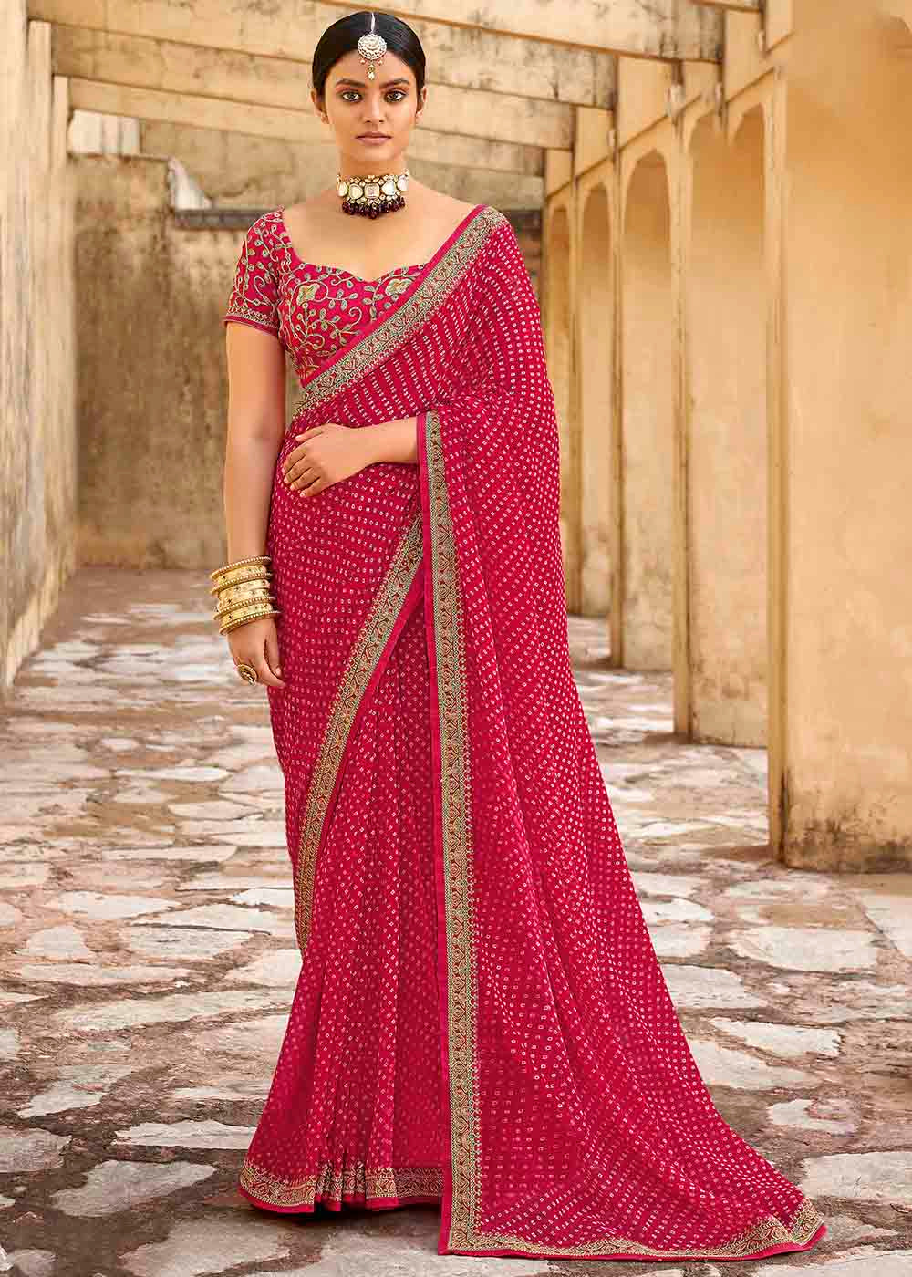 Shiraz Red Georgette Leheriya Printed Saree with Embroidered Blouse