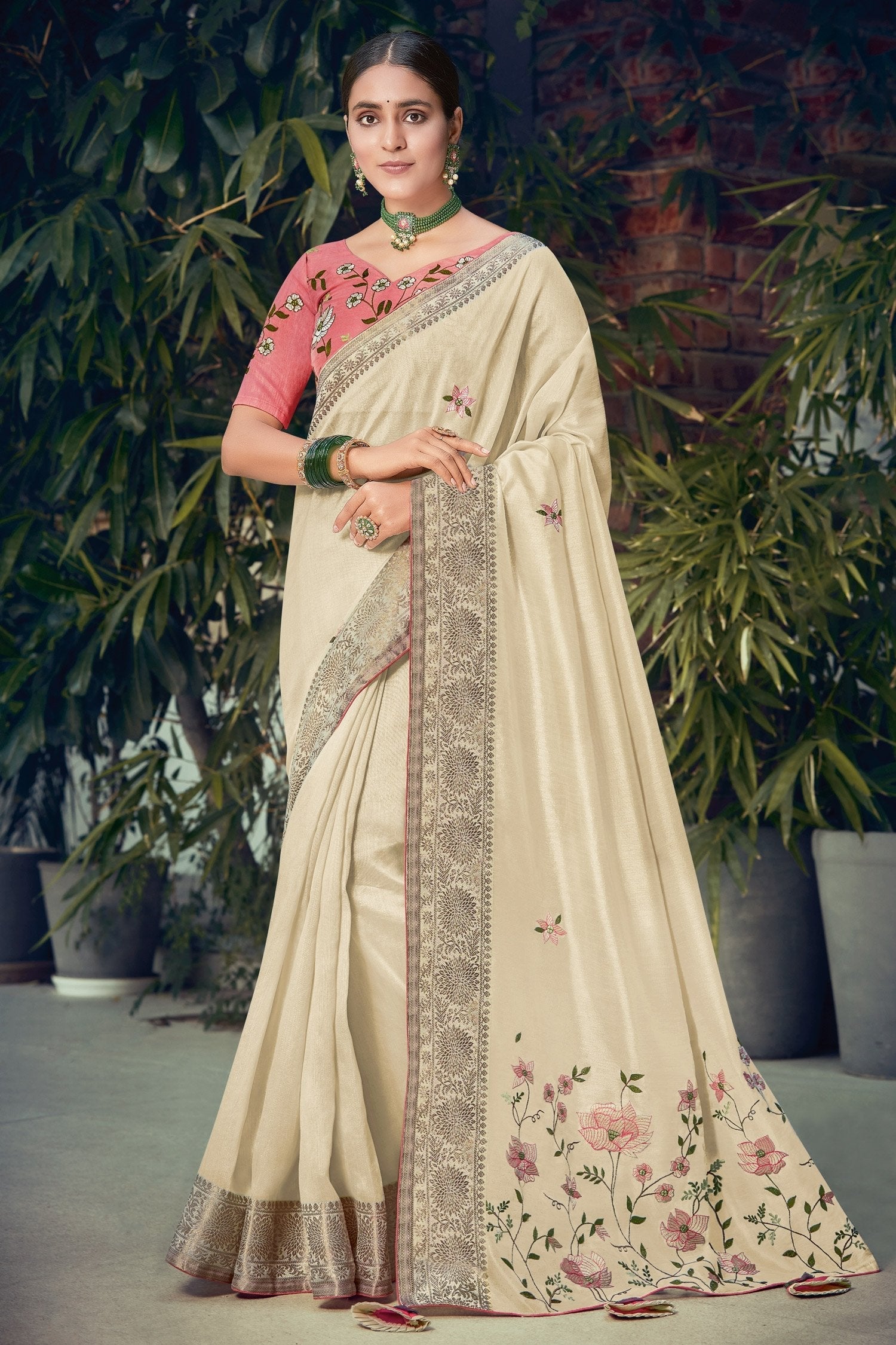 Raffia Cream Embroidered Cotton Saree