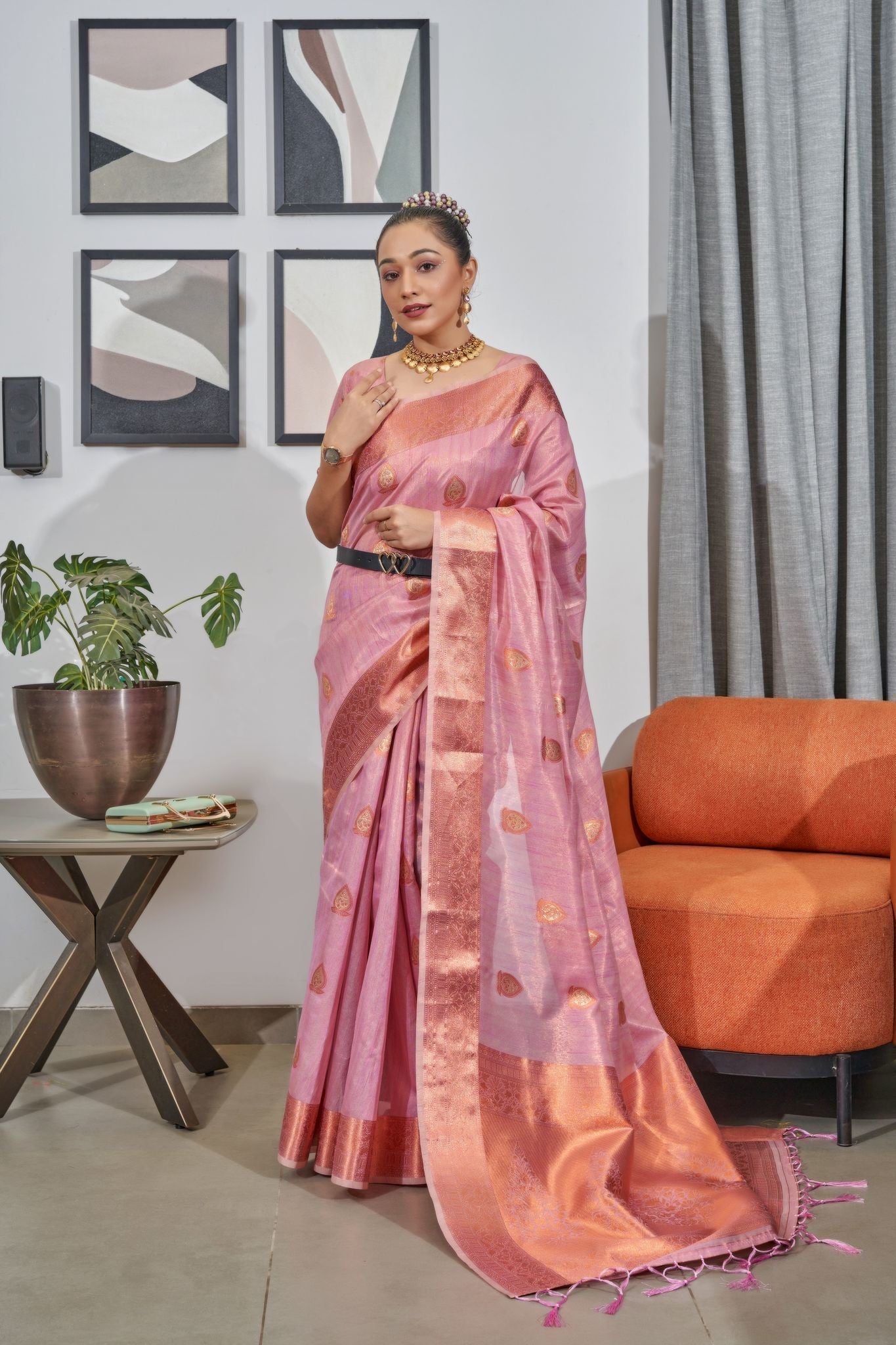 Beauty Bush Pink Woven Organza Tissue Silk Saree