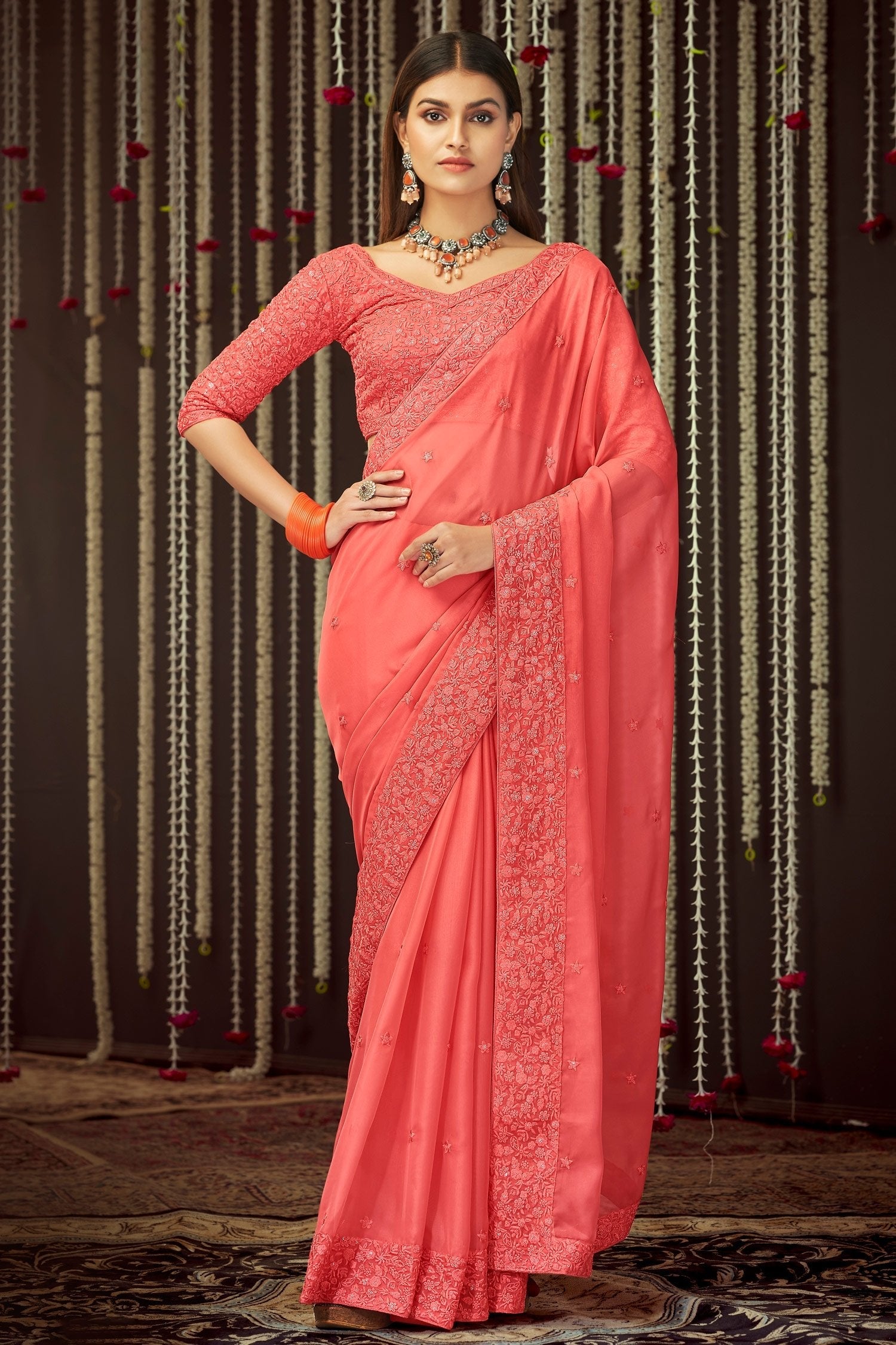 Bittersweet Pink Organza Designer Silk Saree