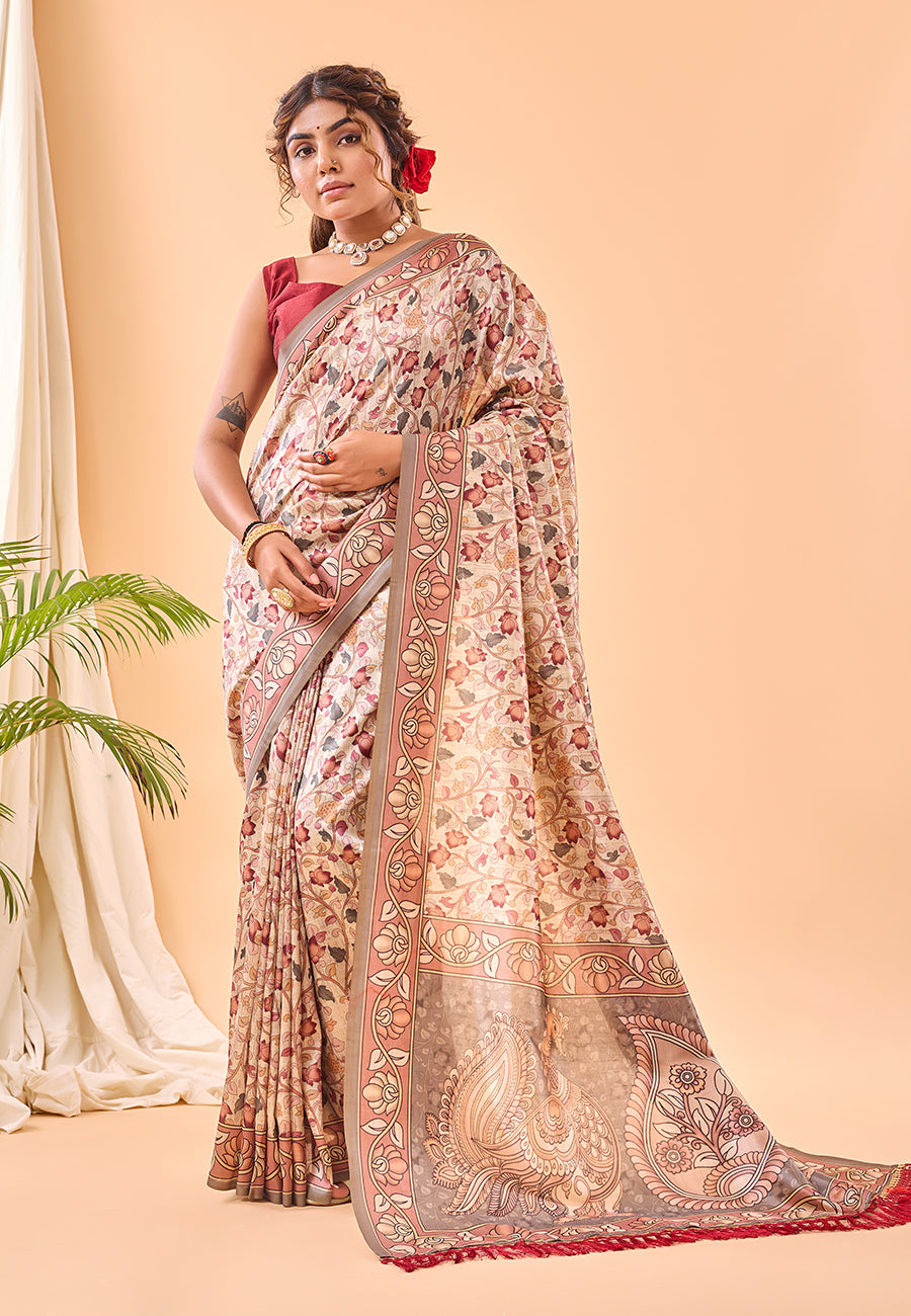 Matrix Cream Floral Kalamkari Printed Saree