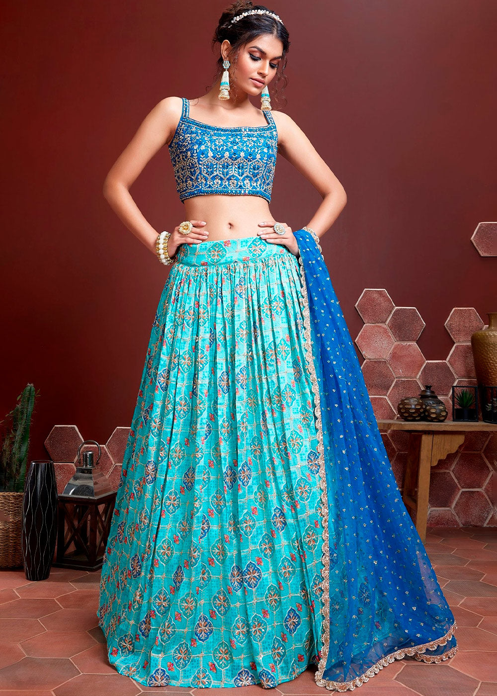 Moonstone Blue Bandhani Printed Chinon Silk Lehenga Choli