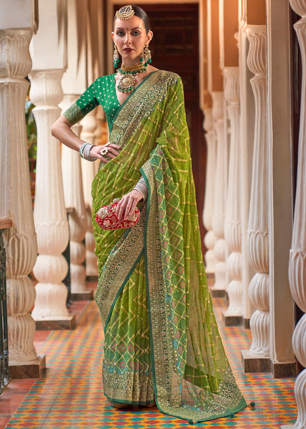 Trendy Green Lehariya Georgette Silk Saree