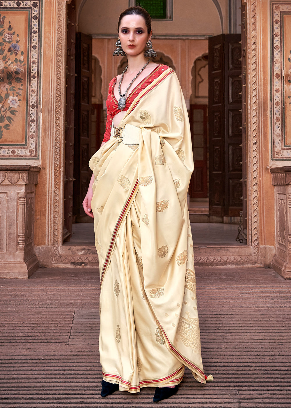 Champagne Cream Woven Satin Silk Saree