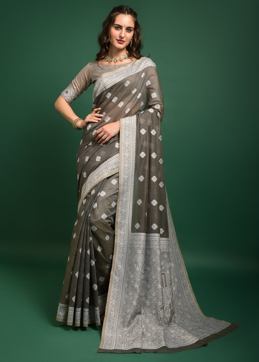 Coffee Grey Chikankari Chanderi Cotton Woven Saree