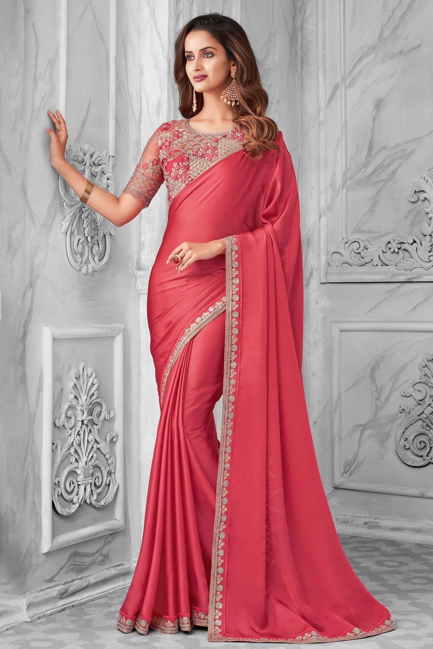 Tamarillo Pink Designer Satin Silk Saree