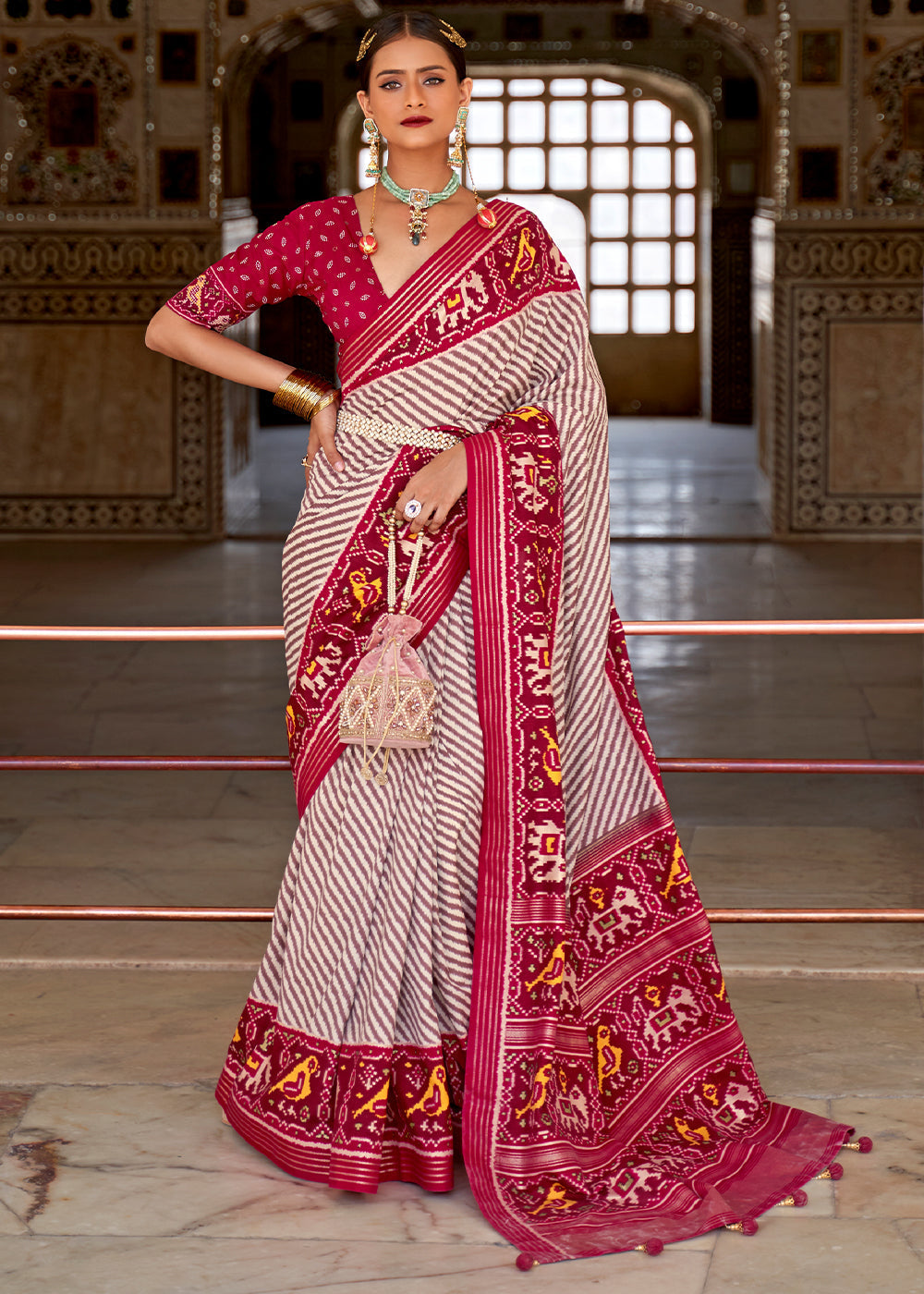 Eunry White and Pink Cotton Patola Printed Saree