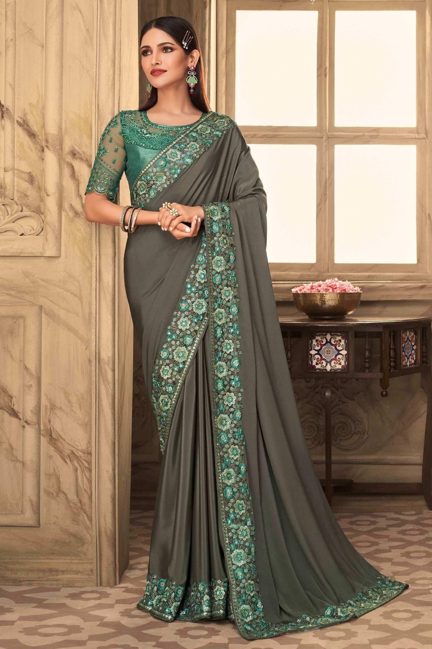 Flint Grey Designer Silk Saree