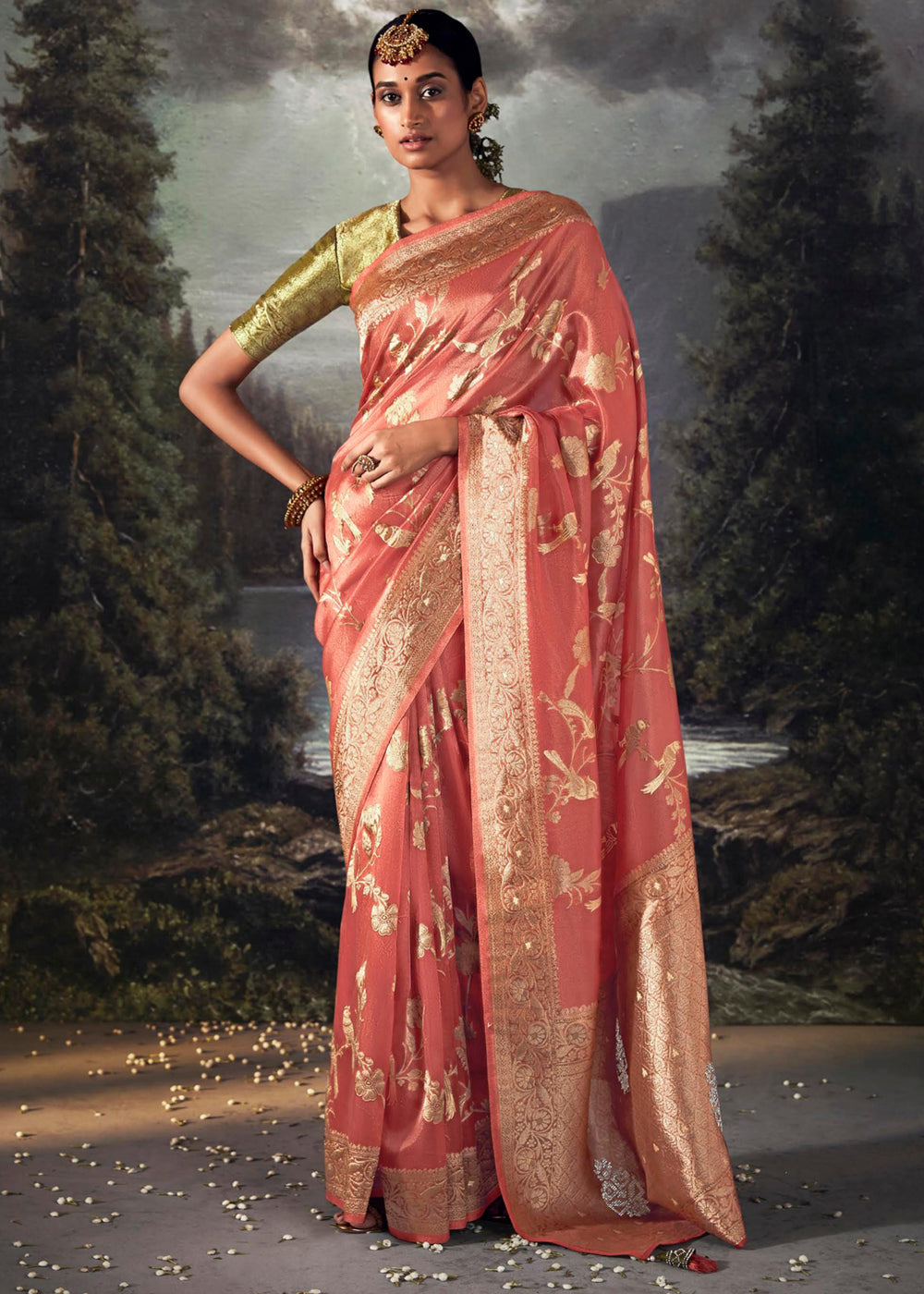 Chestnut Rose Pink Woven Banarasi Organza Silk Saree