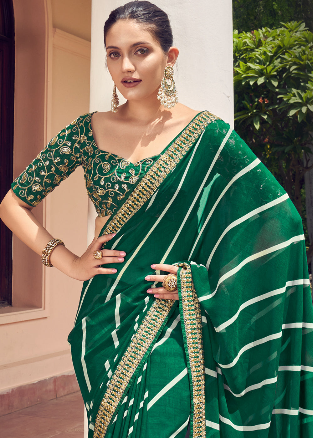 Gable Green Lehriya Print Georgette Saree With Embroidered Blouse