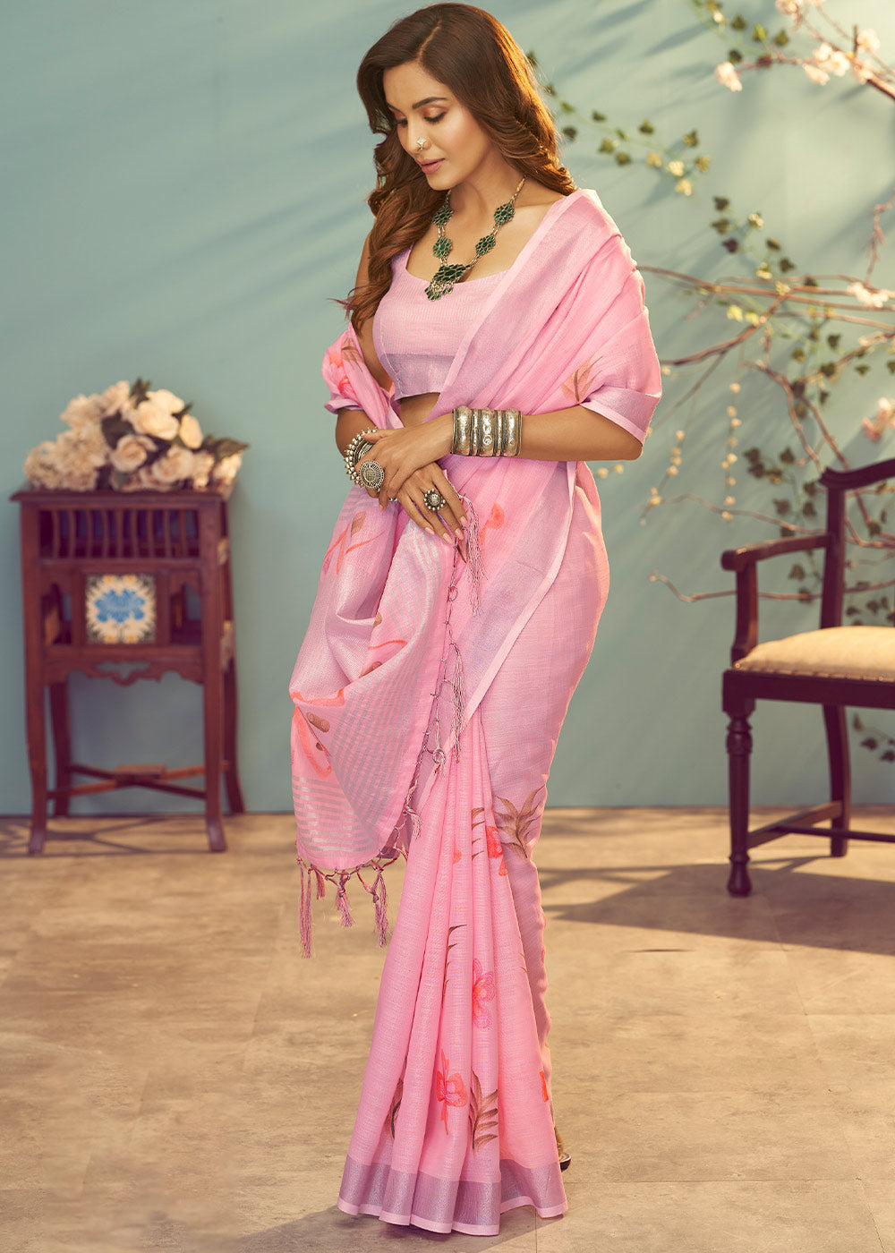 Wewak Pink Soft Linen Silk Floral Printed Saree