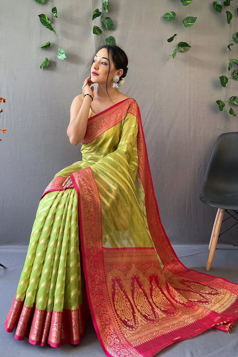 Tacha Green Zari Woven Organza Saree