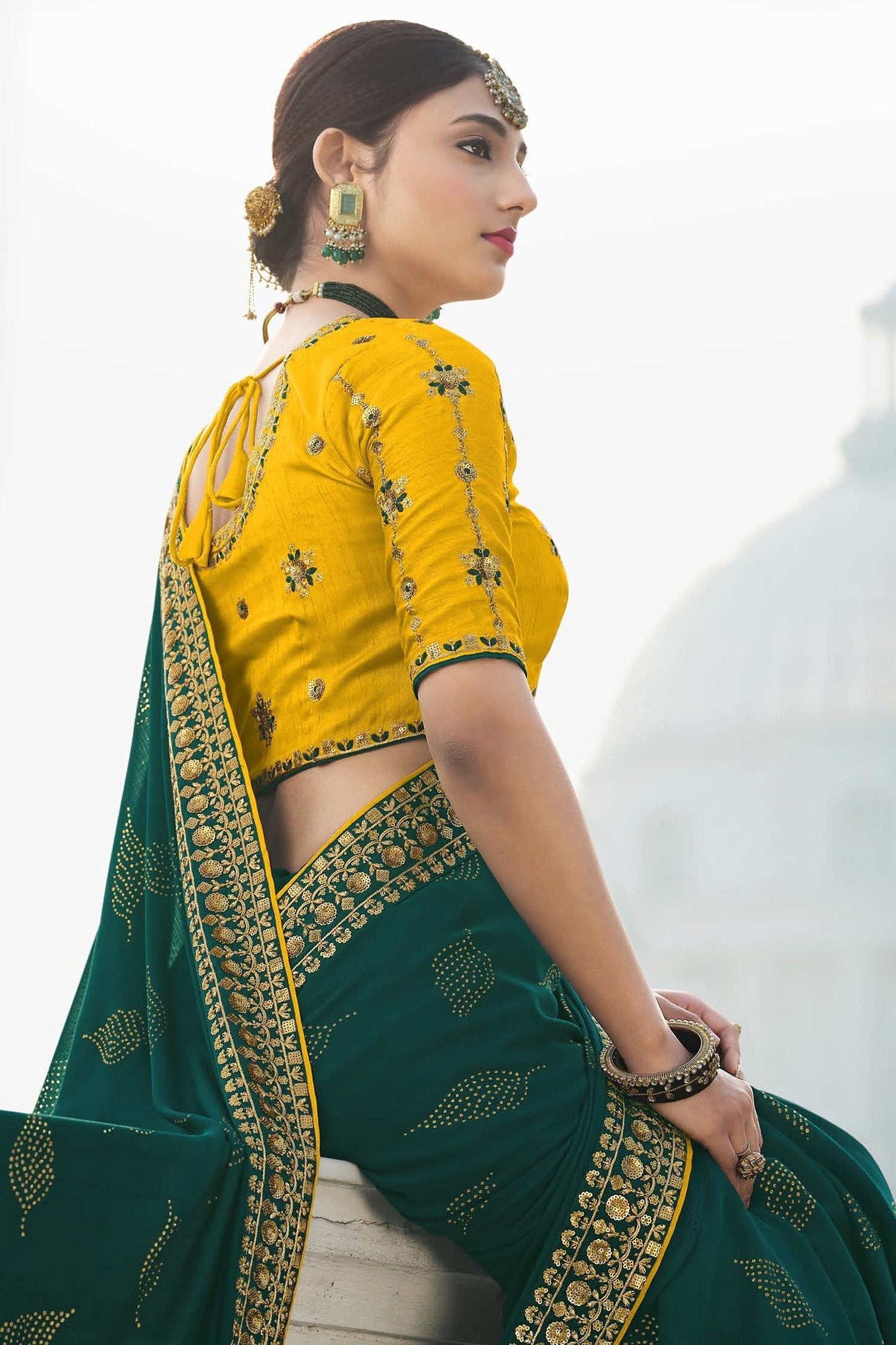 Gable Green and Yellow Chiffon Stone Work Saree