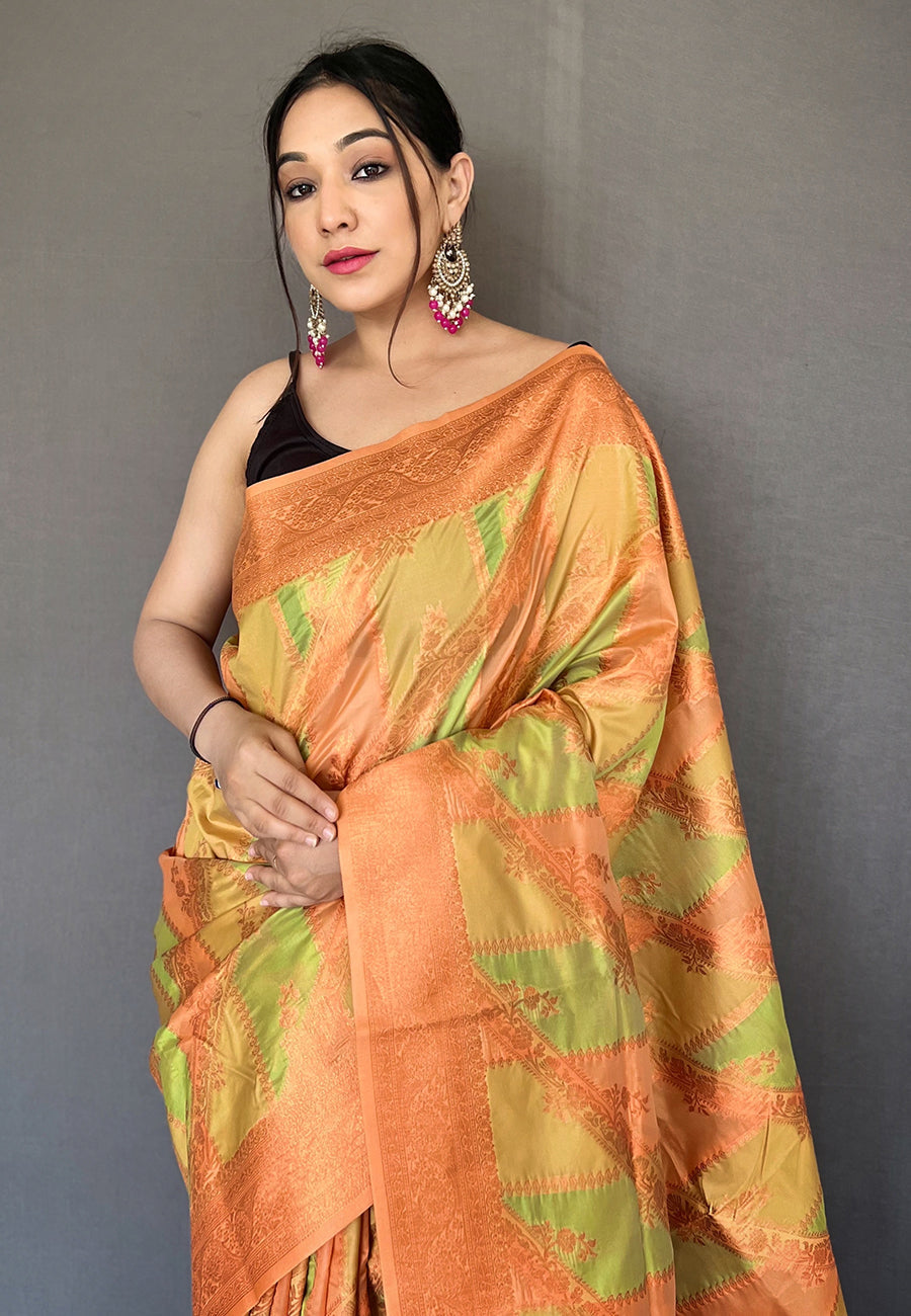 Tacha Green and Yellow Copper Zari Woven Organza Saree