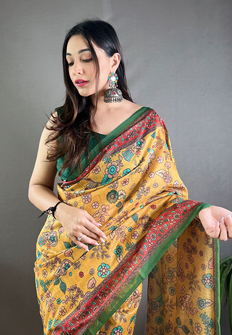 Tussock Yellow Cotton Kalamkari Printed Saree