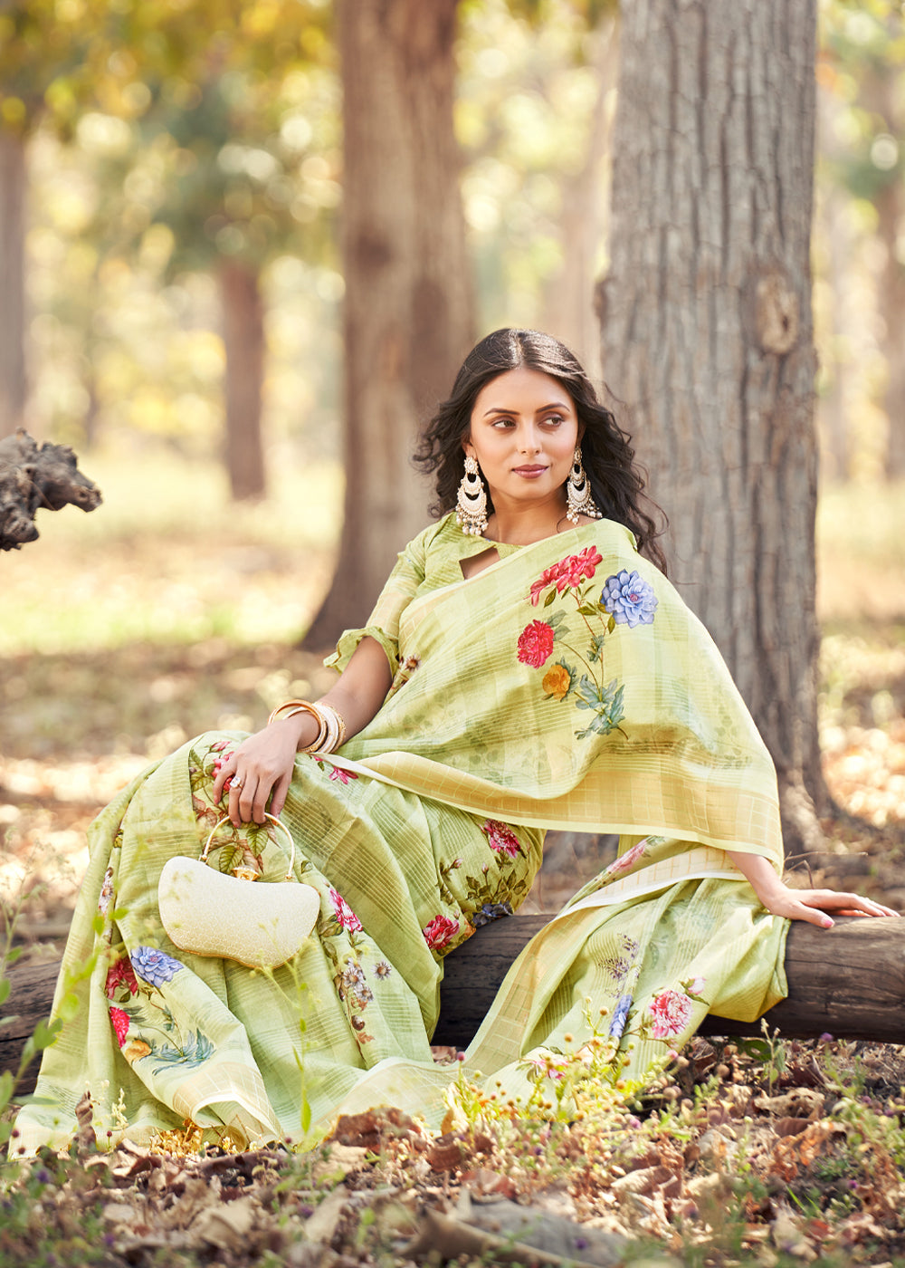 Gimblet Green Floral Printed Cotton Silk Saree