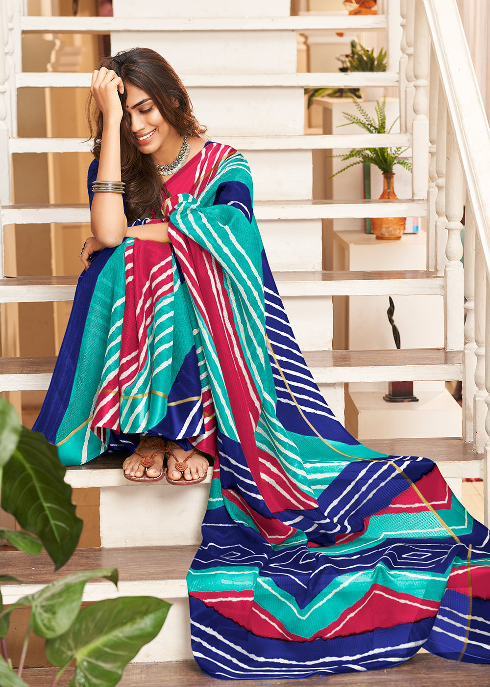 Fiord Blue and Pink Cotton Saree With Lehriya Print