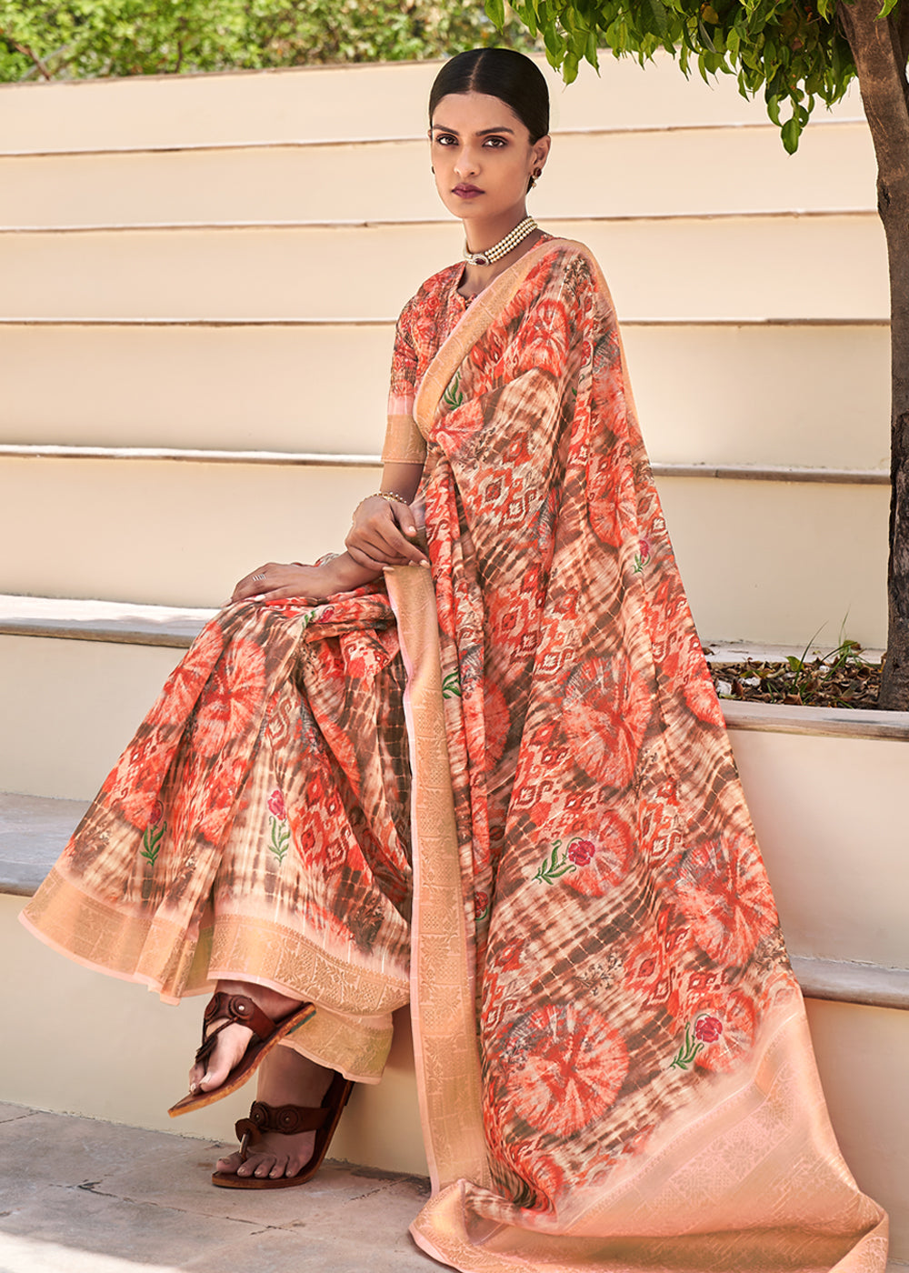 Tacao Peach Digital Print Linen Saree