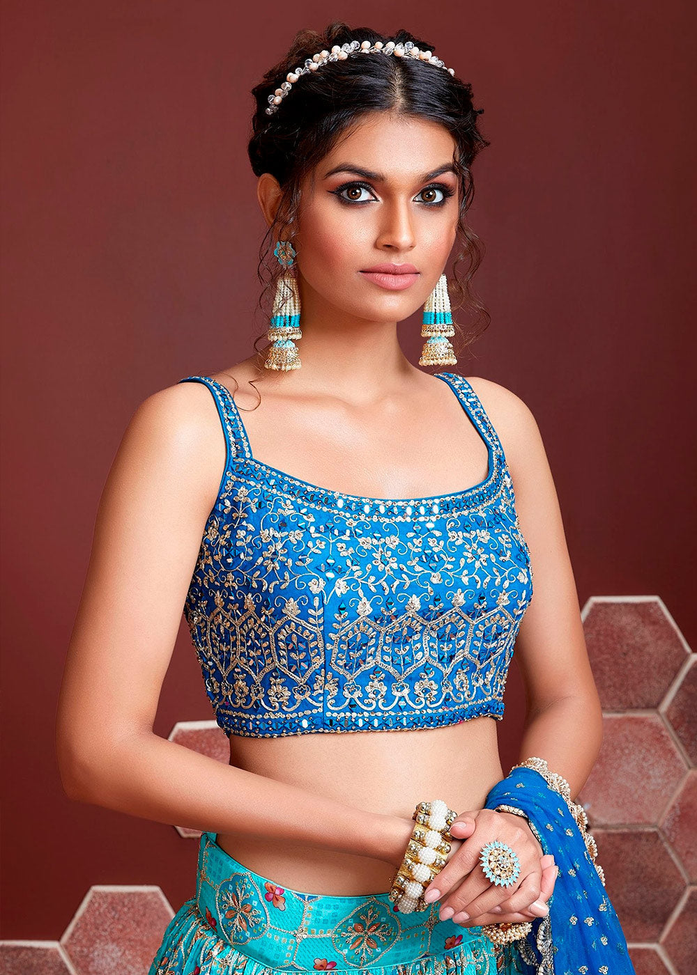 Moonstone Blue Bandhani Printed Chinon Silk Lehenga Choli