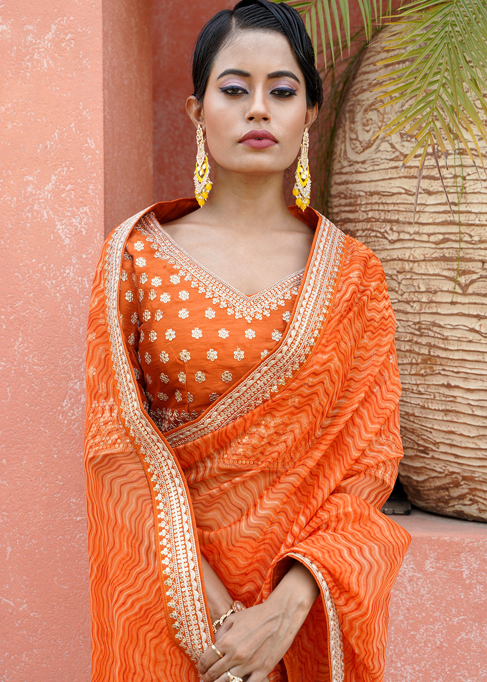 Coral Orange Lehriya Organza Saree With Embroidered Blouse