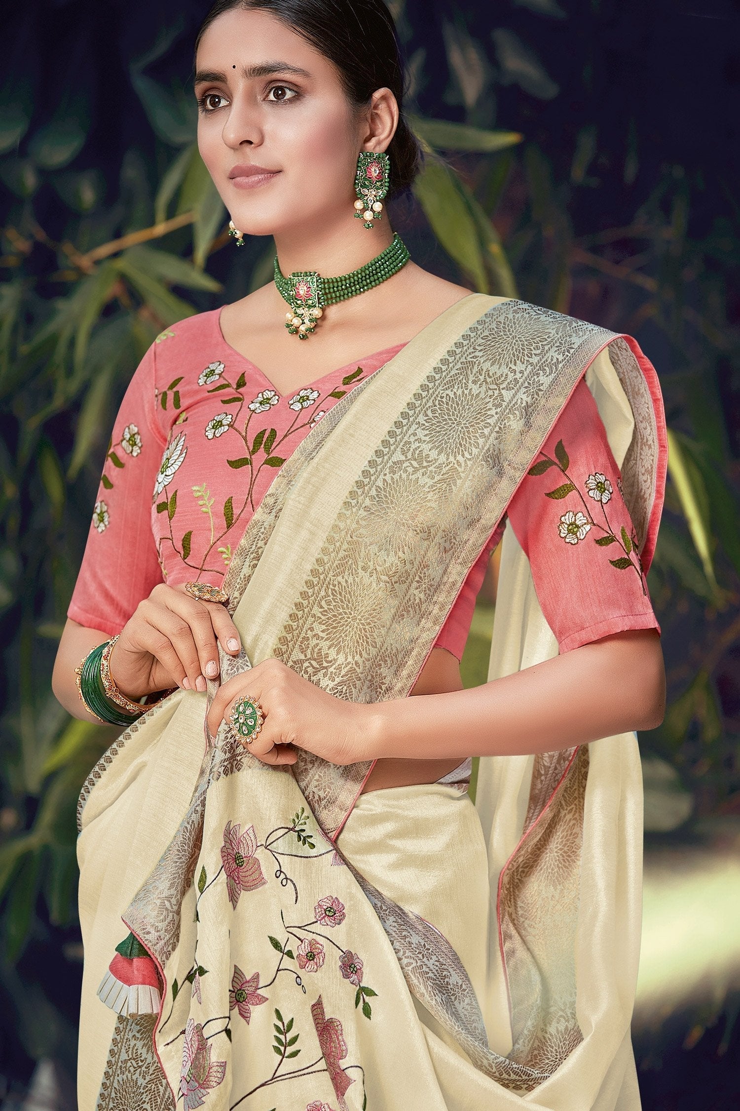 Raffia Cream Embroidered Cotton Saree