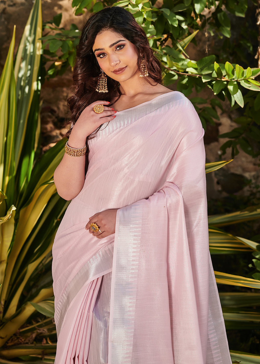 Oyster Pink Zari Woven Tissue Linen Saree