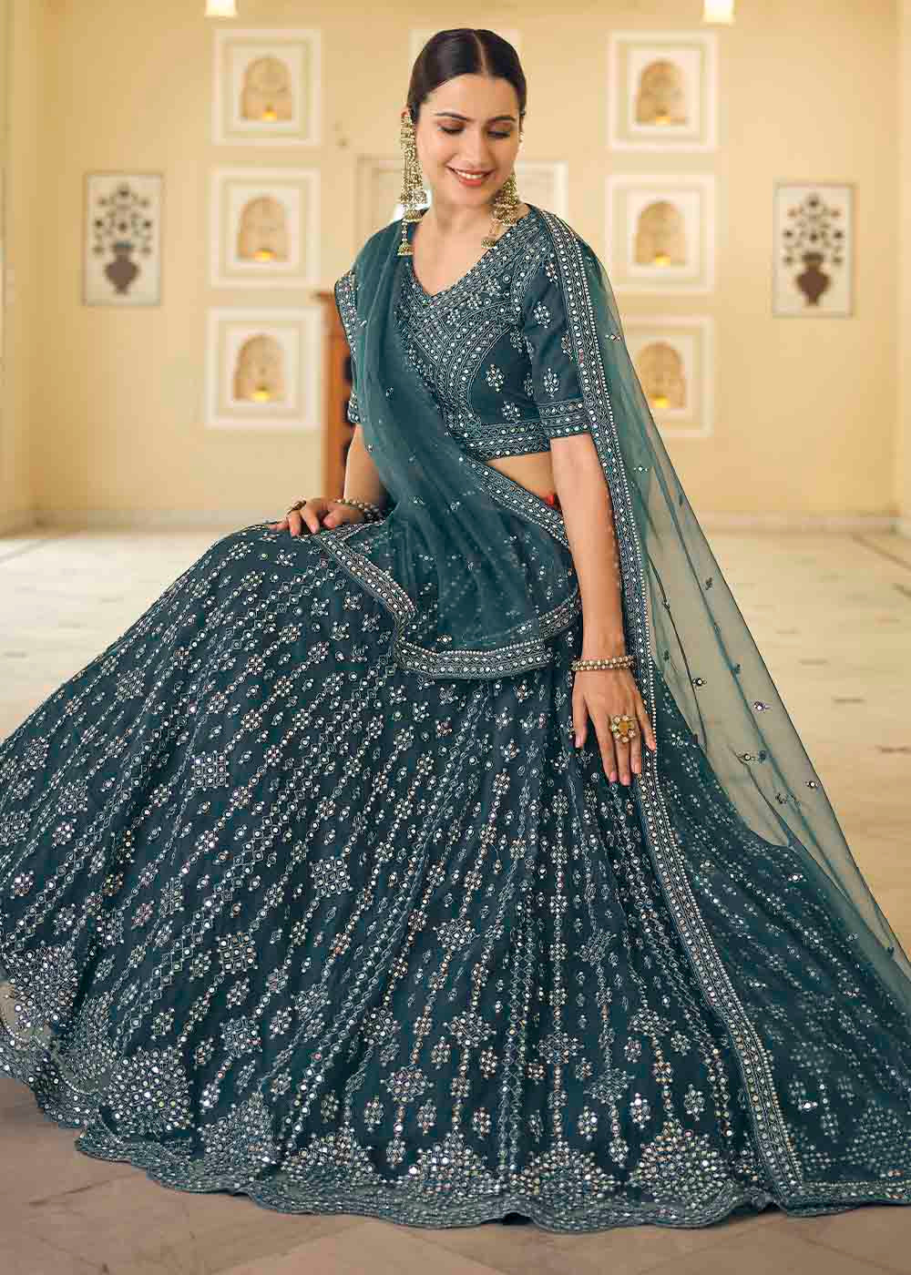 Limed Spruce Blue Soft Net Lehenga Choli