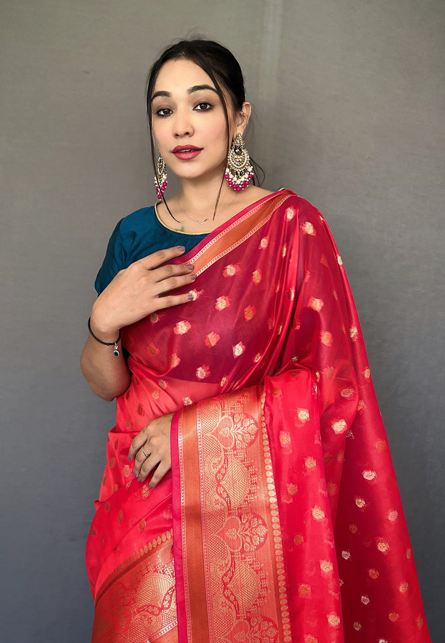 Shiraz Red Zari Woven Organza Silk Saree