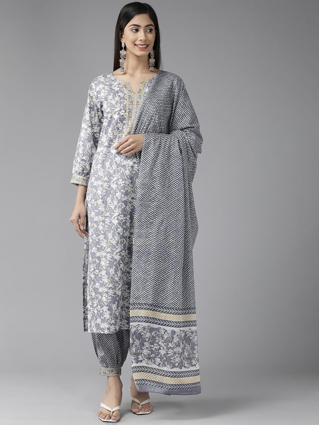 Bombay Grey Pure Cotton Embroidery Suit Set