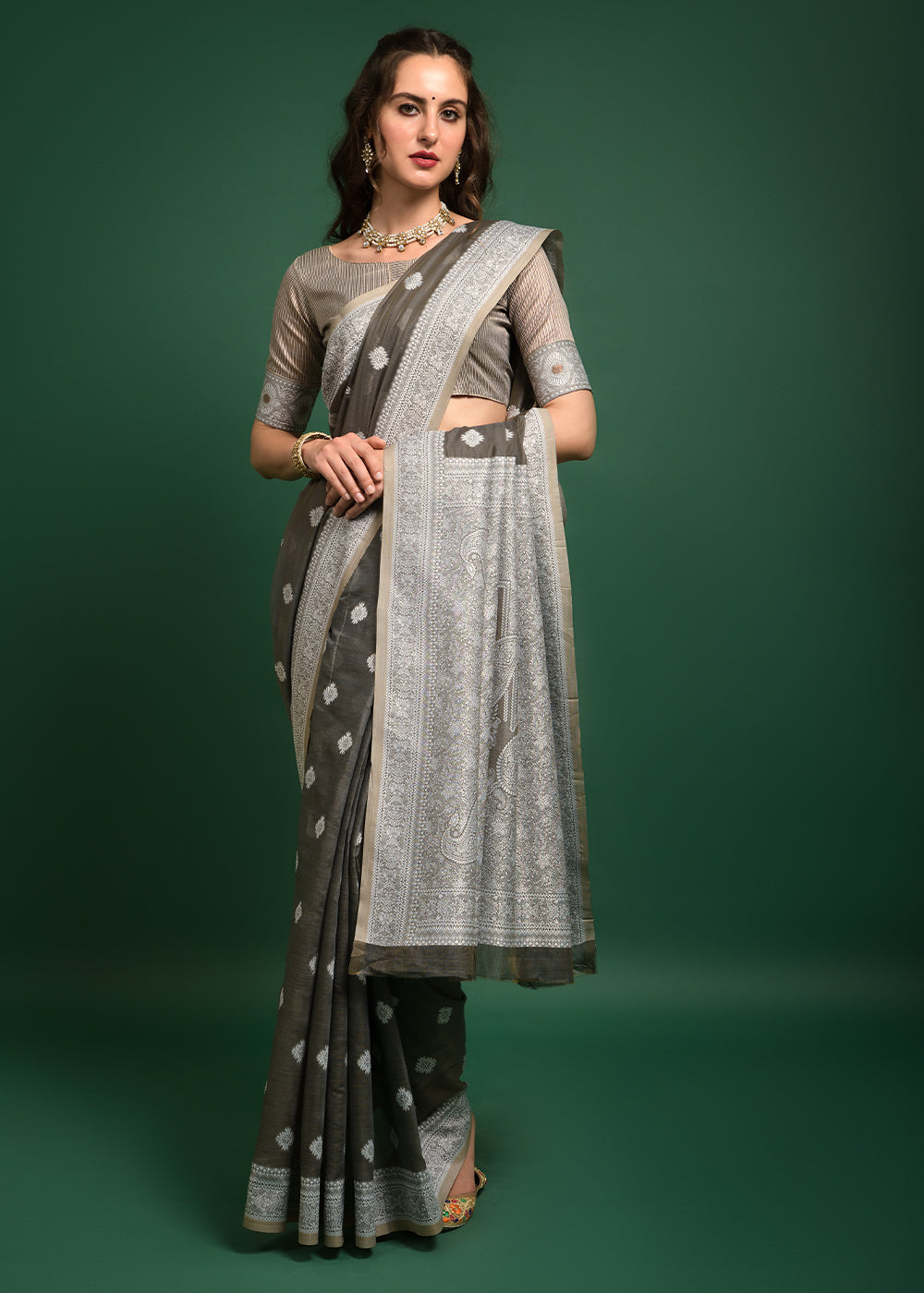 Coffee Grey Chikankari Chanderi Cotton Woven Saree