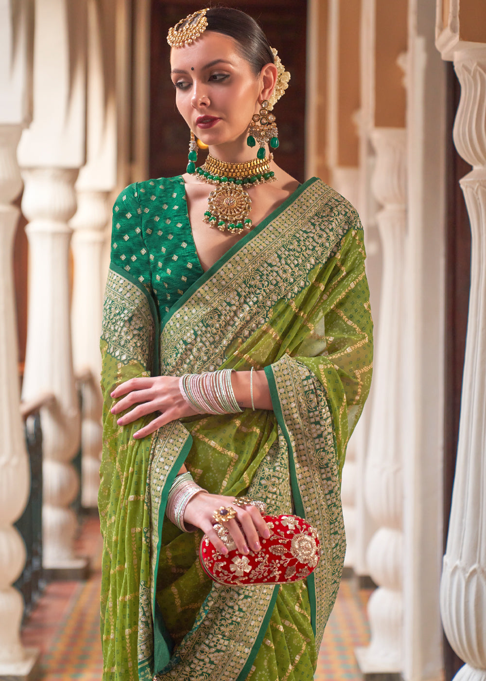 Trendy Green Lehariya Georgette Silk Saree