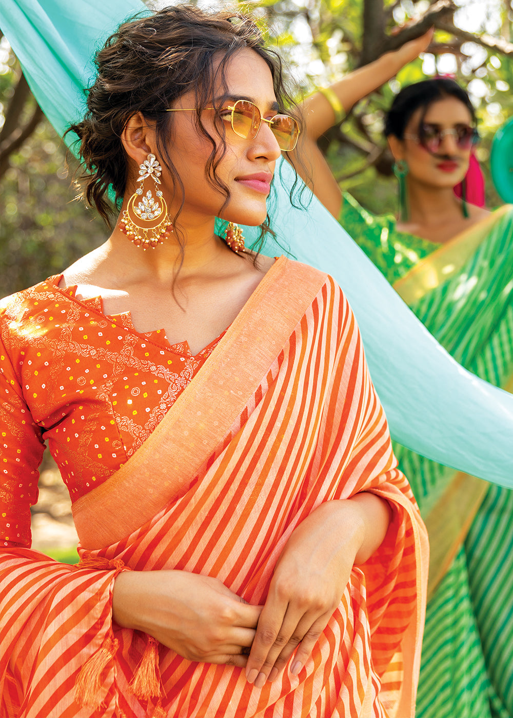 Macaroni Orange Cotton Saree With Leheriya Print