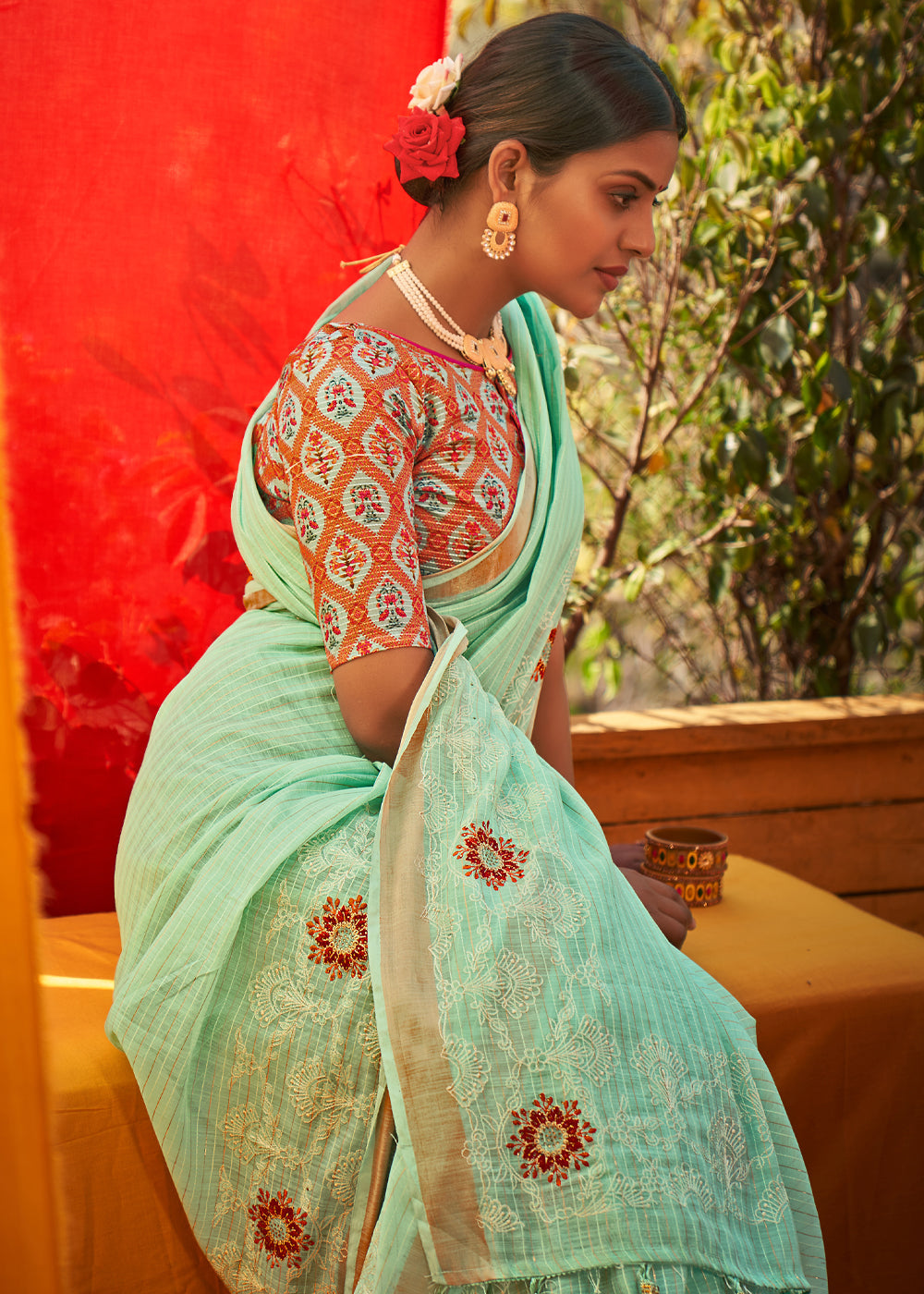 Acapulco Green Woven Linen Silk Saree