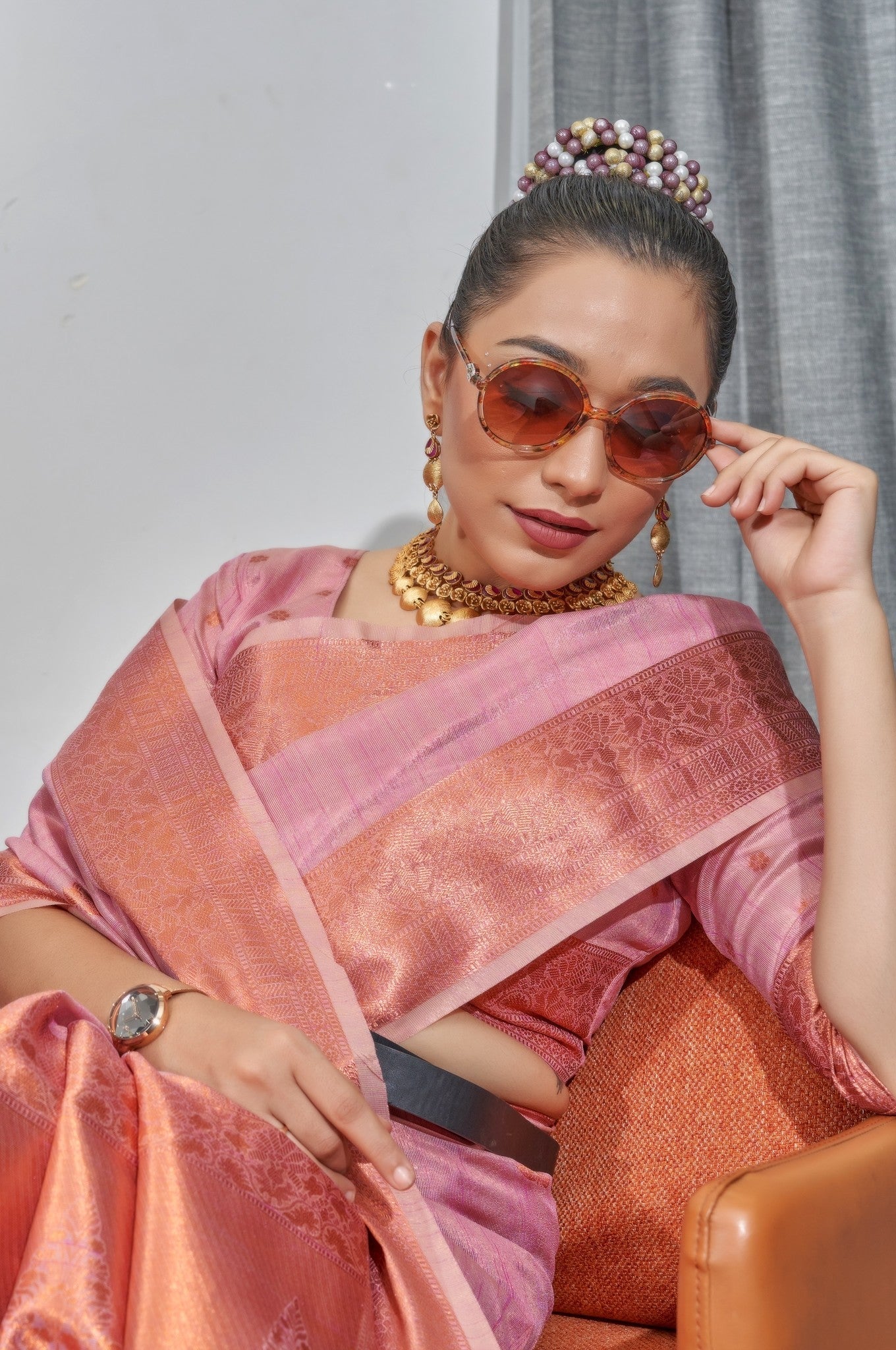 Beauty Bush Pink Woven Organza Tissue Silk Saree