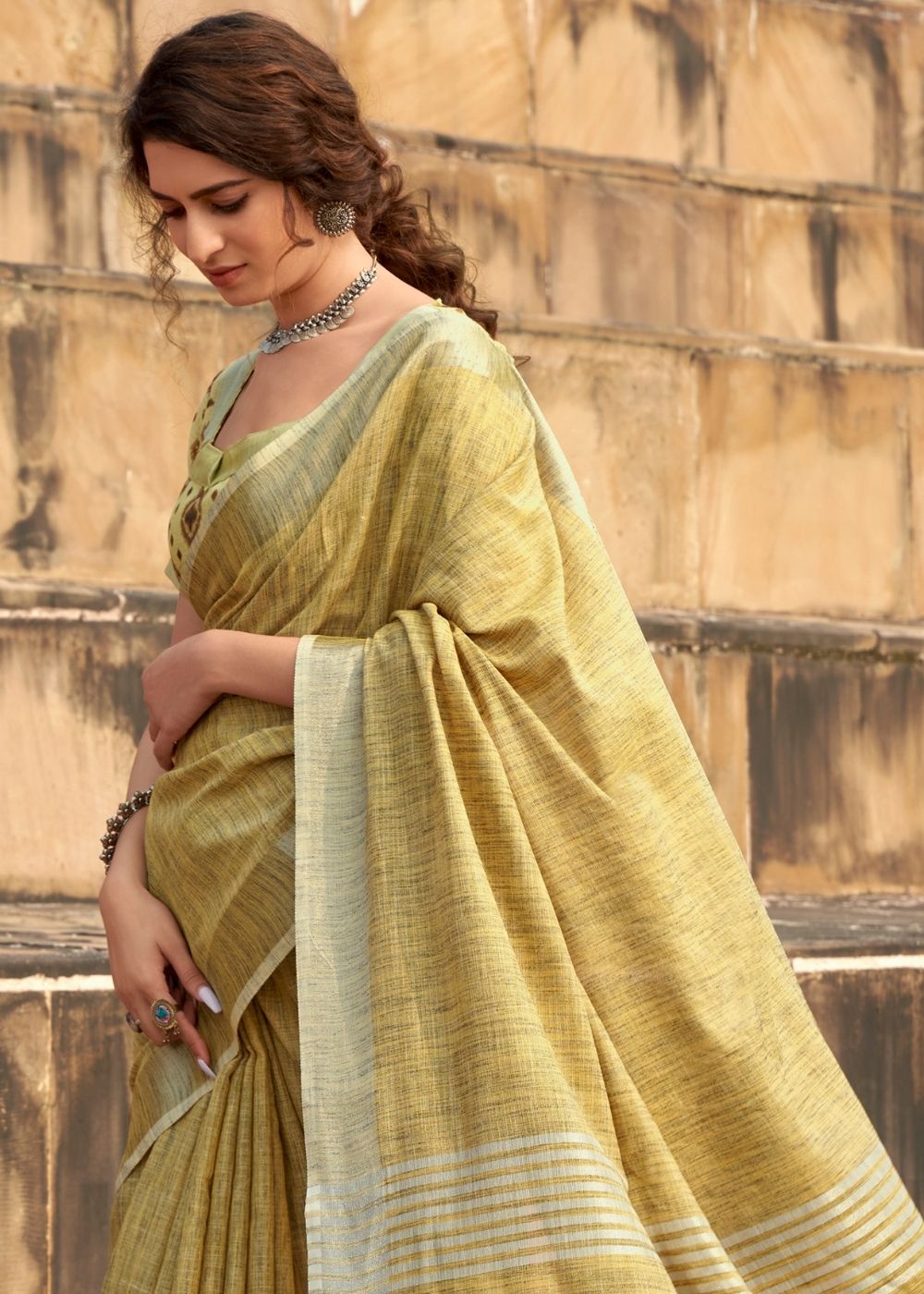 Rob Roy Yellow Soft Linen Silk Saree